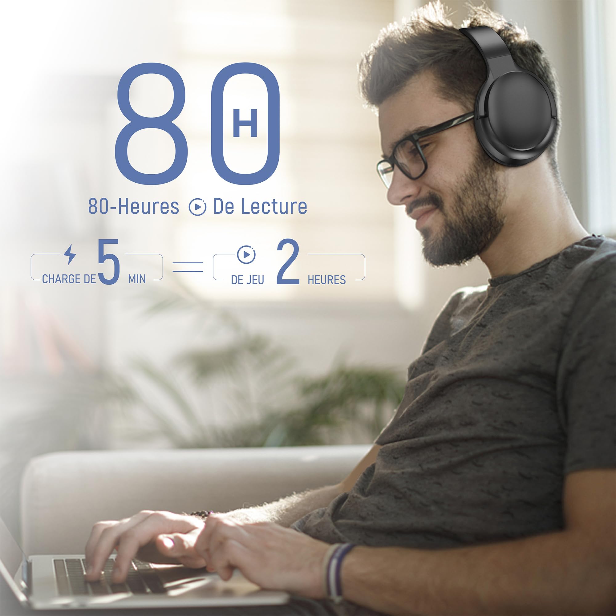 Casque Bluetooth sans Fil à Réduction de Bruit Active-Jusqu'à 80 Heures d'autonomie et Charge Rapide-avec Micro pour Appels Téléphoniques,Casque Over-Ear,Léger, Confortable et Pliable,Noir