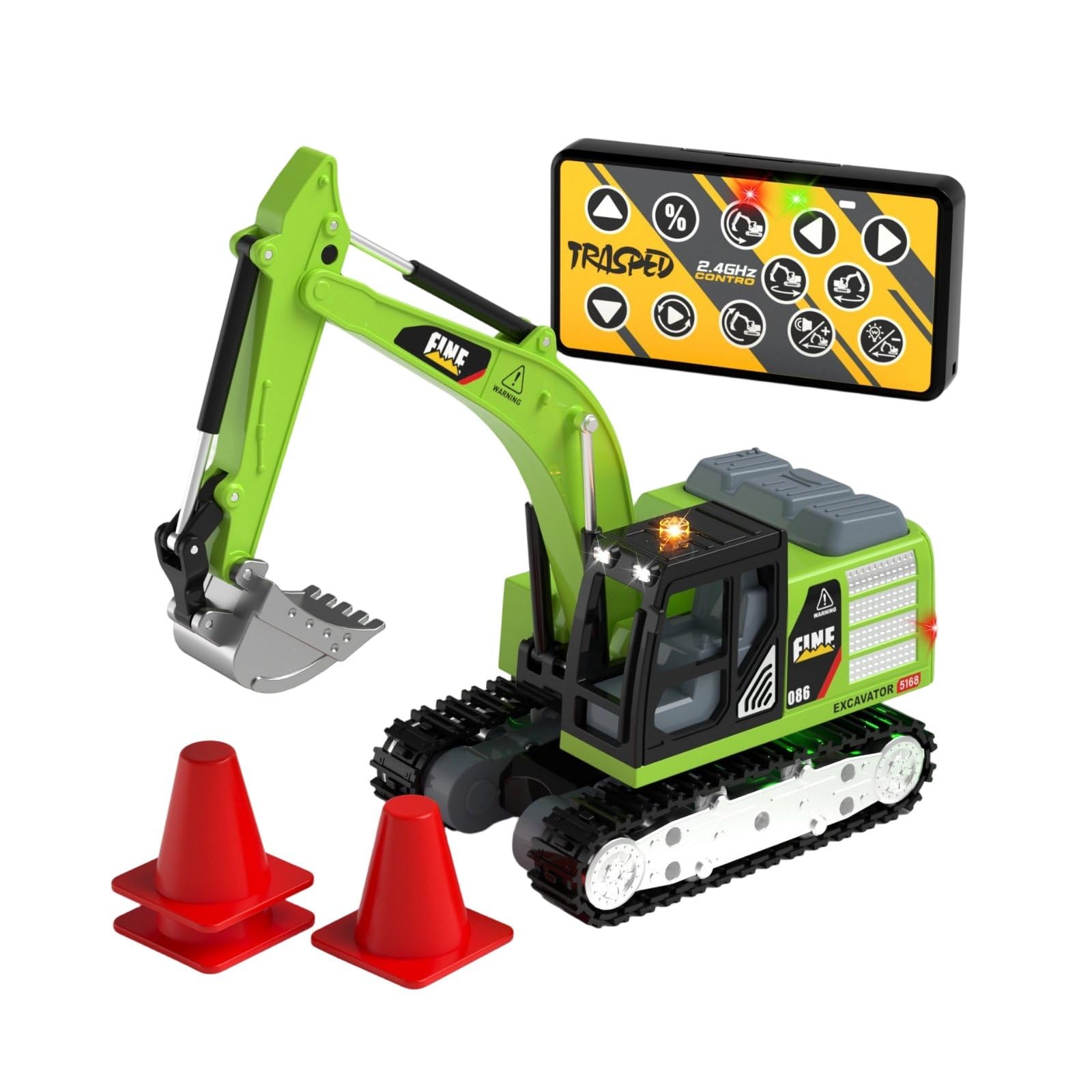 Mini Escavatore Veicolo da Costruzione Telecomandato per Bambini con Braccio Mobile Rotazione Effetti Luci Automatico Adatto a Gioco Educativo Interno Esterno, Verde