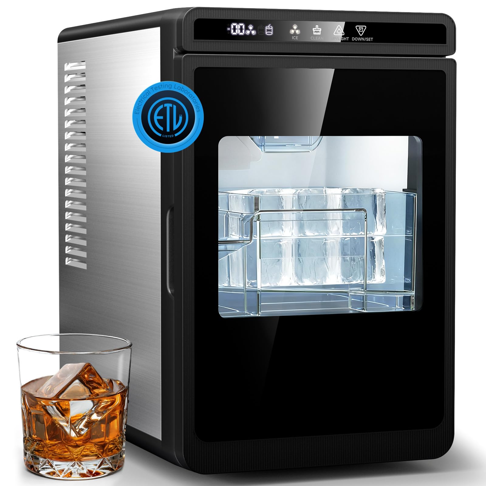 1.6'' Clear Ice Square Maker Machine,200 PCS/Day,Ice Cube Maker with Automatic Cleaning,Crystal-Clear & Slow-Melting Ice Spheres for Cocktails & Whiskey | Fridge.com