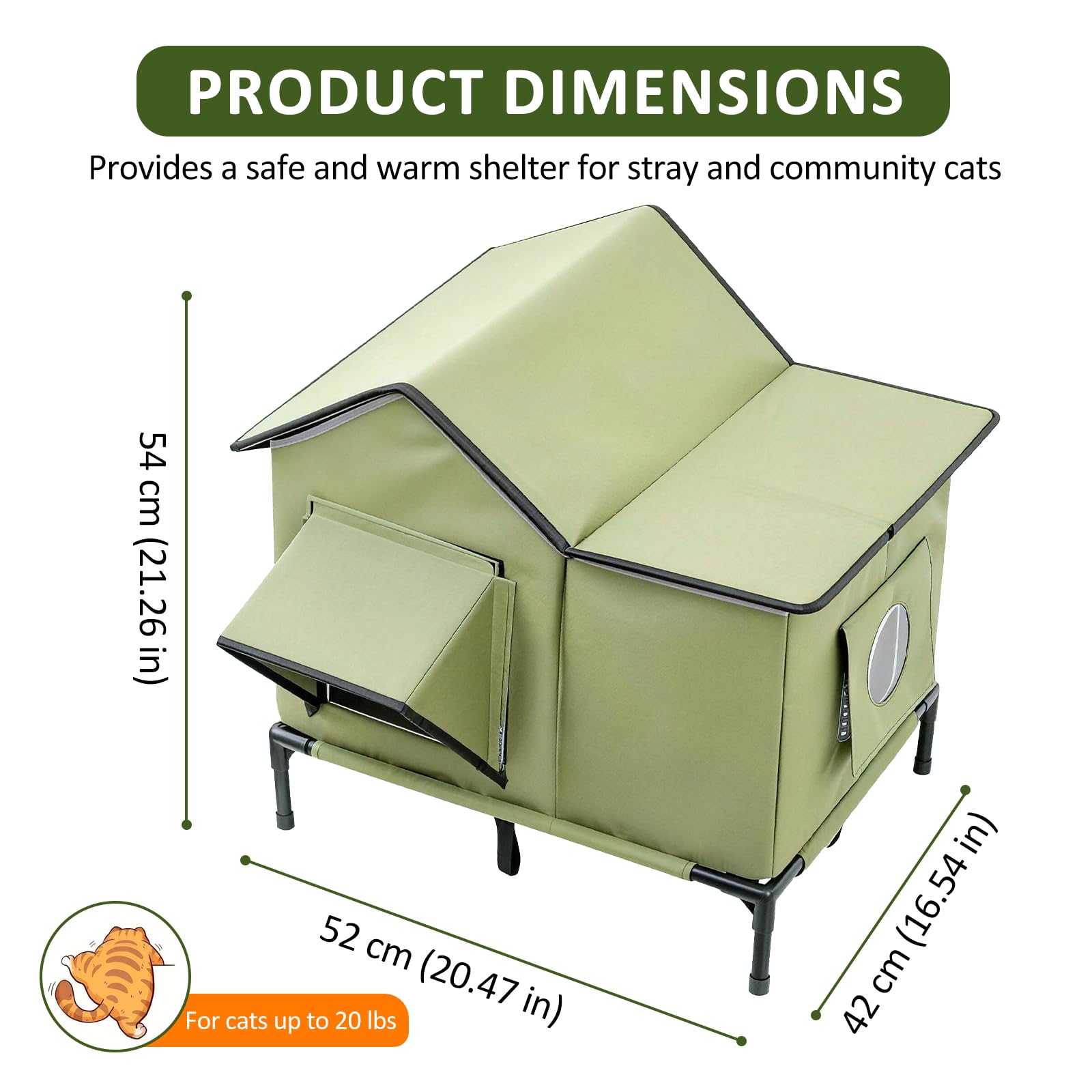 Casetta per gatti per esterni, resistente all'inverno, antipioggia, antivento e termoisolante, con morbida imbottitura e base, facile da pulire e riporre, ideale come cuccia invernale per gatti, verde
