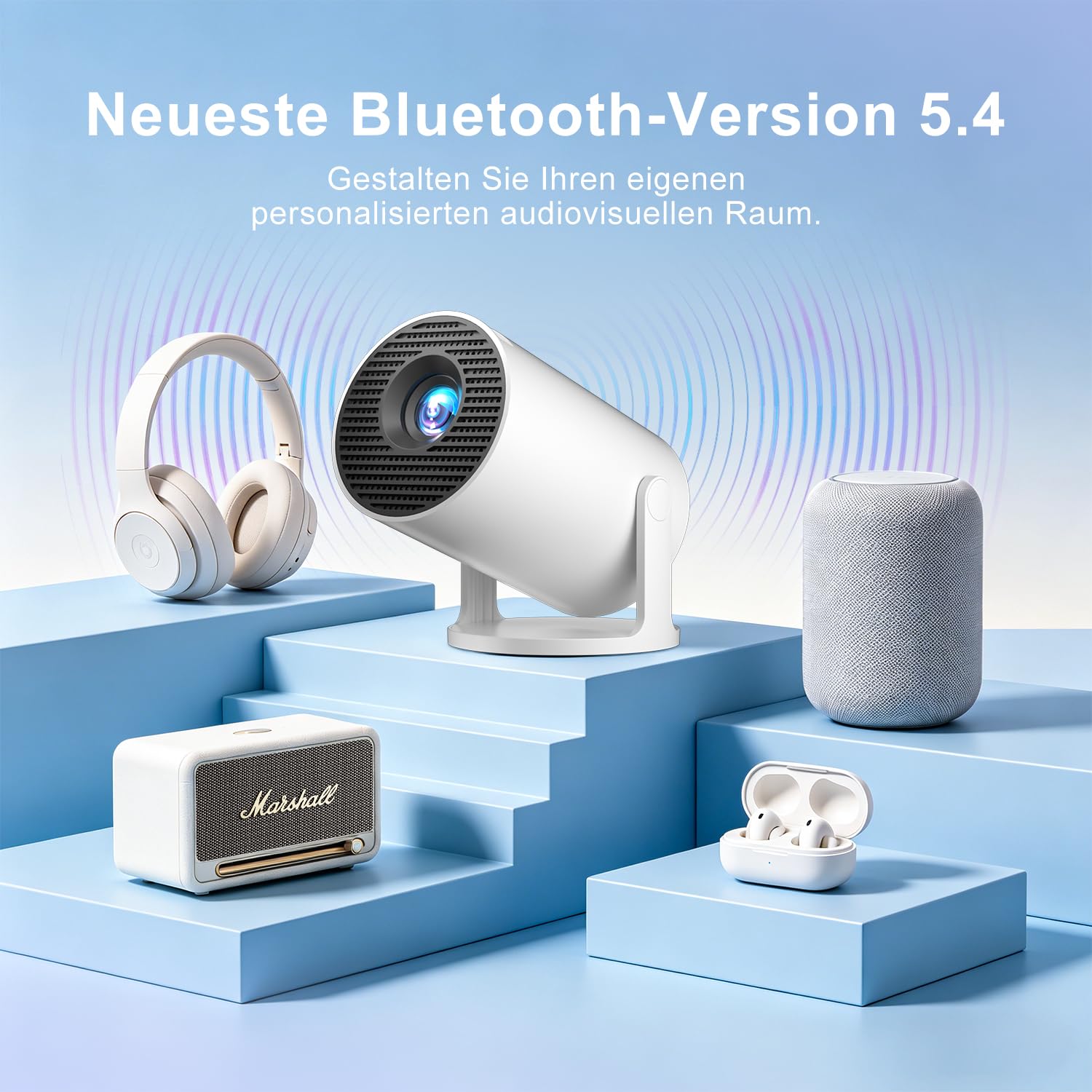 Salange Mini Beamer Unterstützt 4K, Android 14 mit Apps,Smart Projektor Tragbarer mit 5G WiFi 6 und Bluetooth 5.4,Klein Portable Beamer Auto Keystone 8000L 270°Dreh, Heimkino Outdoor,Weiß