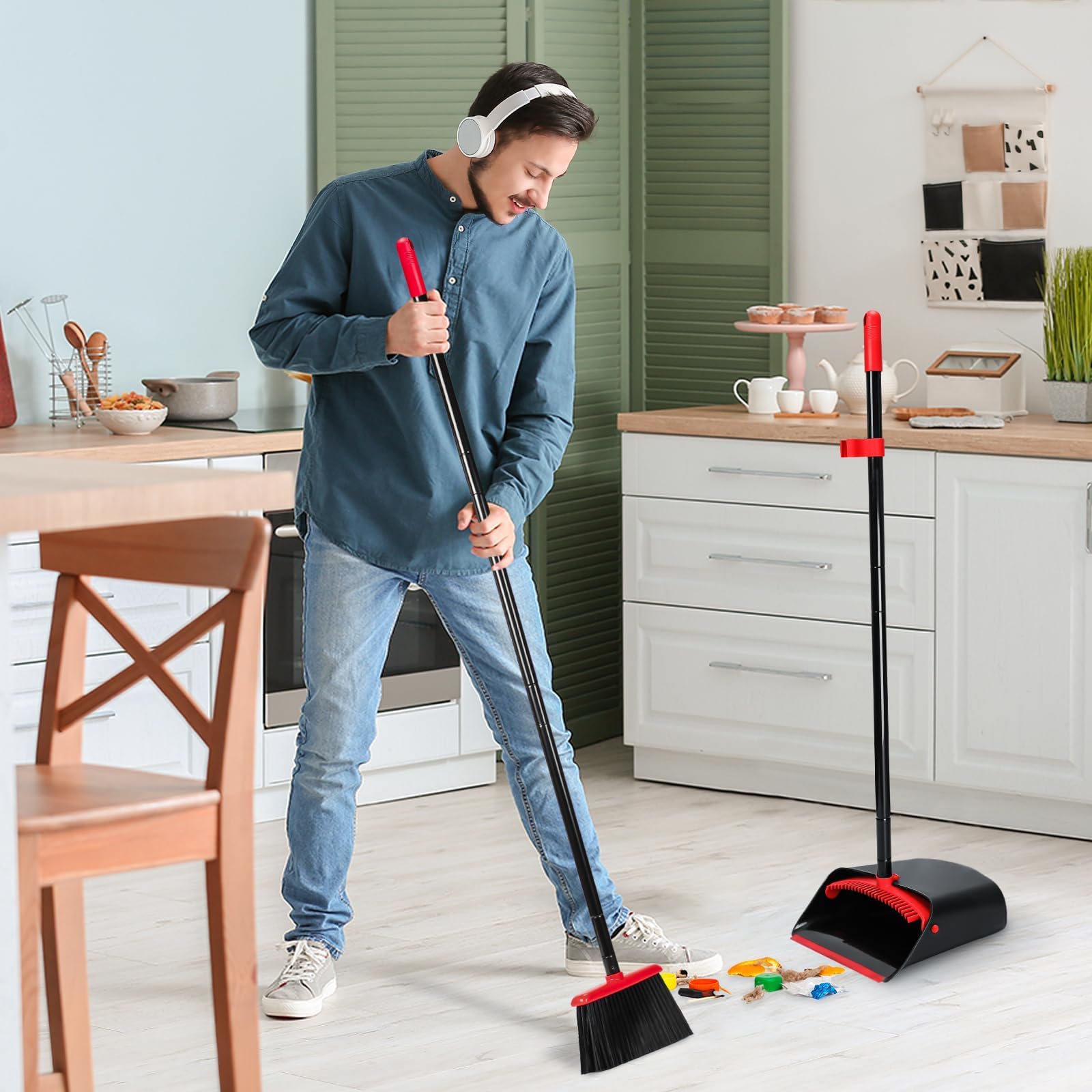 TreeLen Zestaw Broom and Dustpan for Home, Upright Broom and Dustpan Combo Sweep Set..
