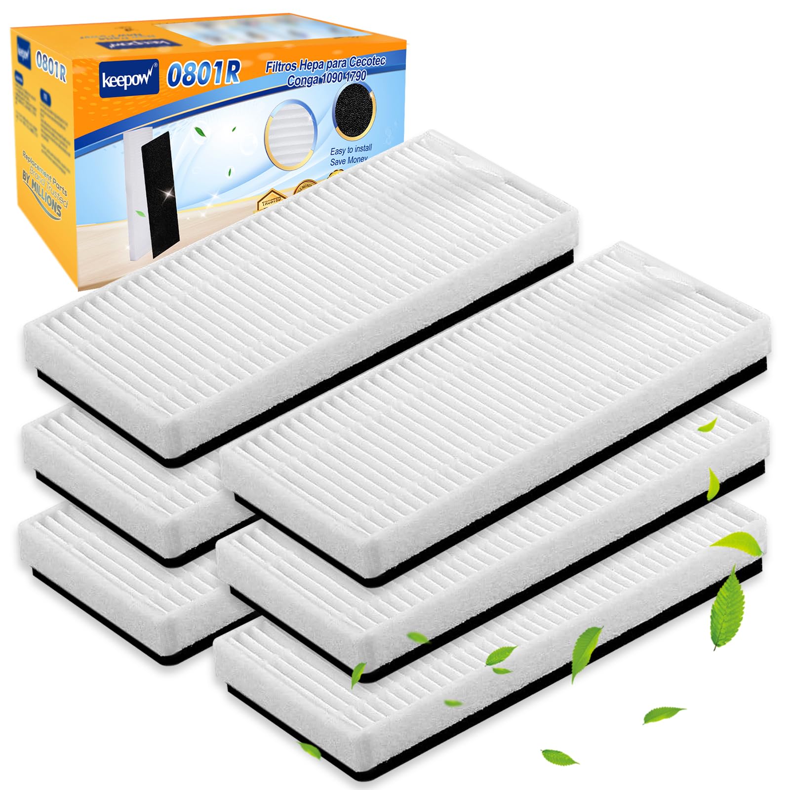 KEEPOW 6 Vacuum Cleaner Filters for Cecotec Conga 1090, Compatible Spare Parts for Conga 1790 Robot Vacuum Cleaner, HEPA Vacuum Filters, High Filtration, Includes a Mini Brush