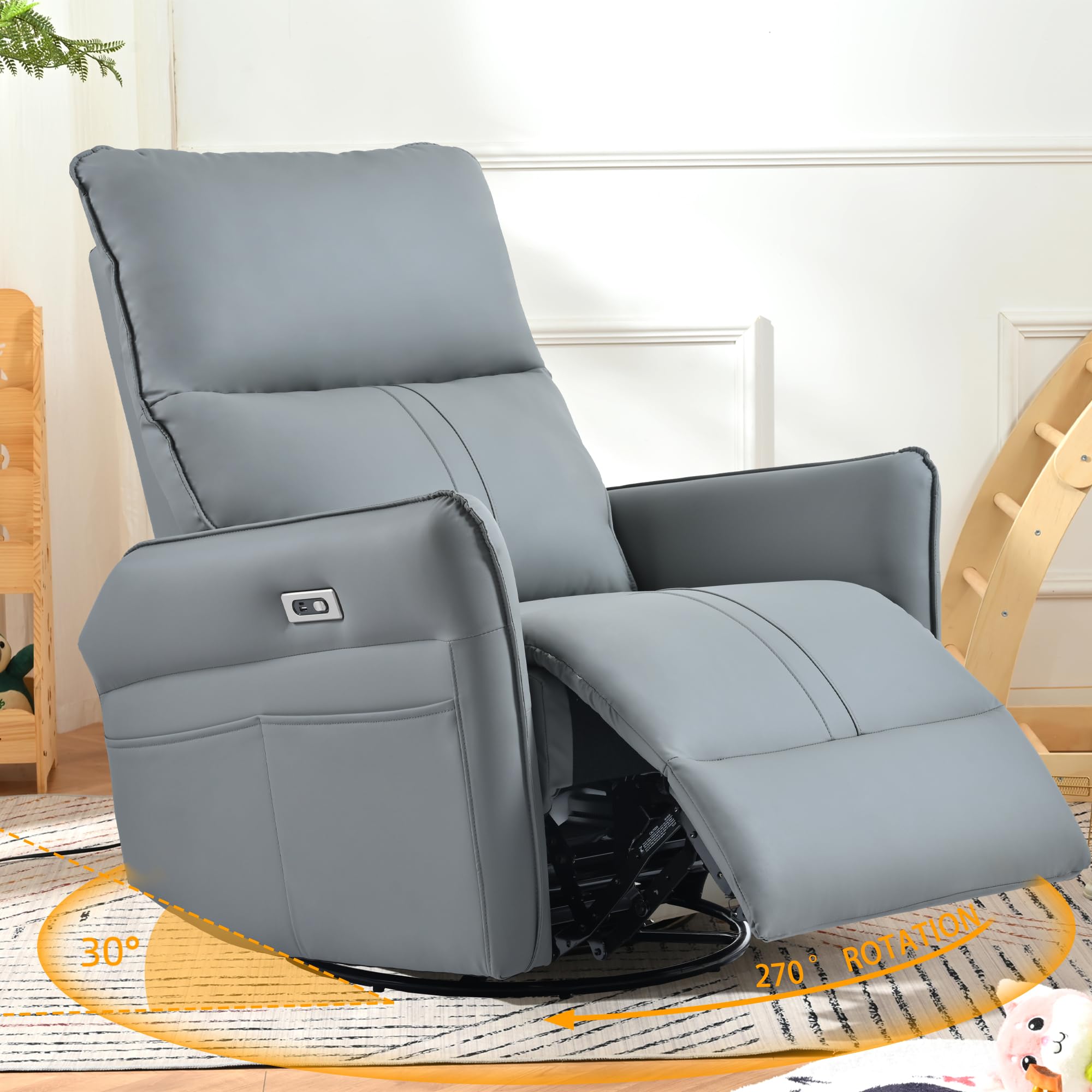 QKFF Power Swivel Rocker Recliner Chair for Nursery, Upholstered 270° Swivel Glider Rocker Chair with USB Ports, Small Power Recliners for Small