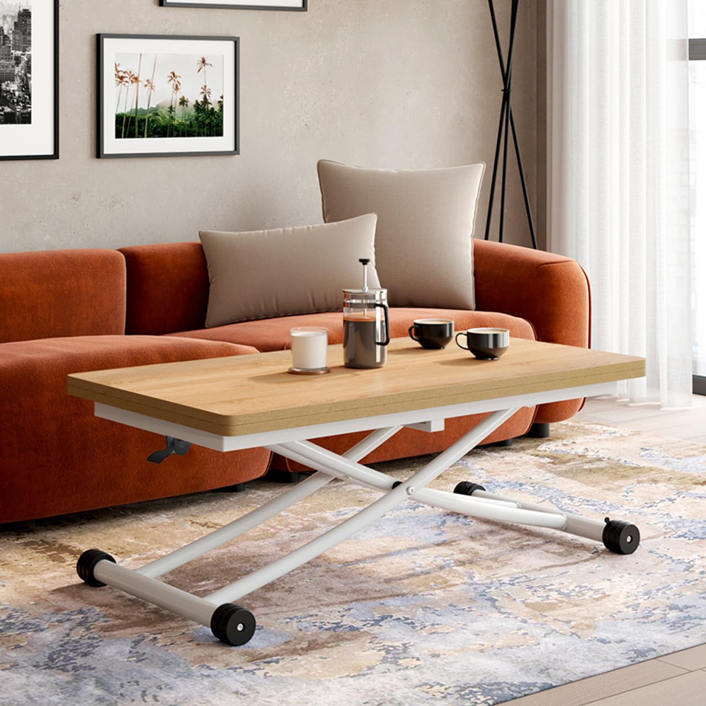 IDMarket Urbana - Mesa de centro extensible elevable en mesa de comedor rectangular (100 cm, bandeja de haya), color blanco
