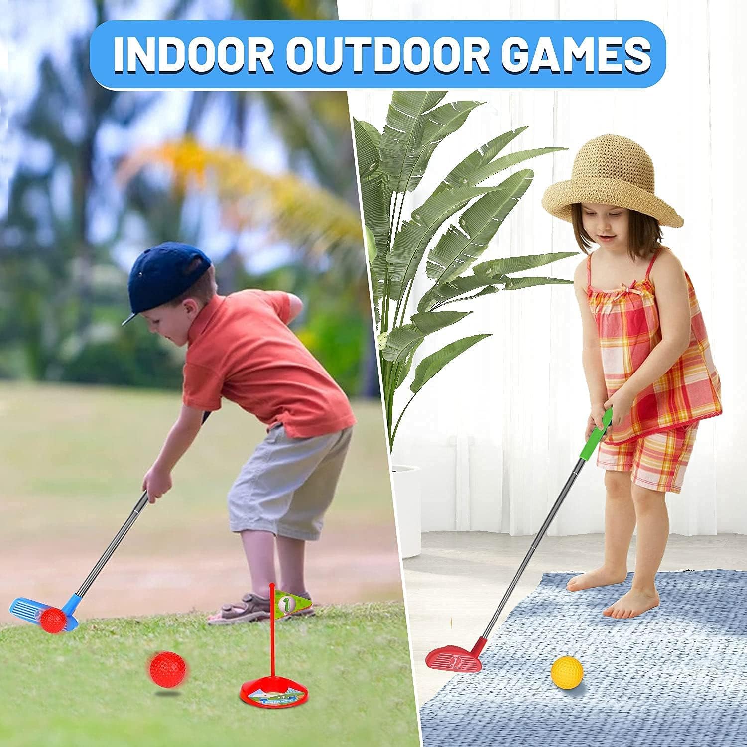 Club Golf Enfant, Toddler Golf Set, Mini Golf Game, Clubs de Golf Rétractables Faciles à Transporter, Tapis de Putt, Jouets Sportifs D'intérieur et D'extérieur pour Garçons et Filles