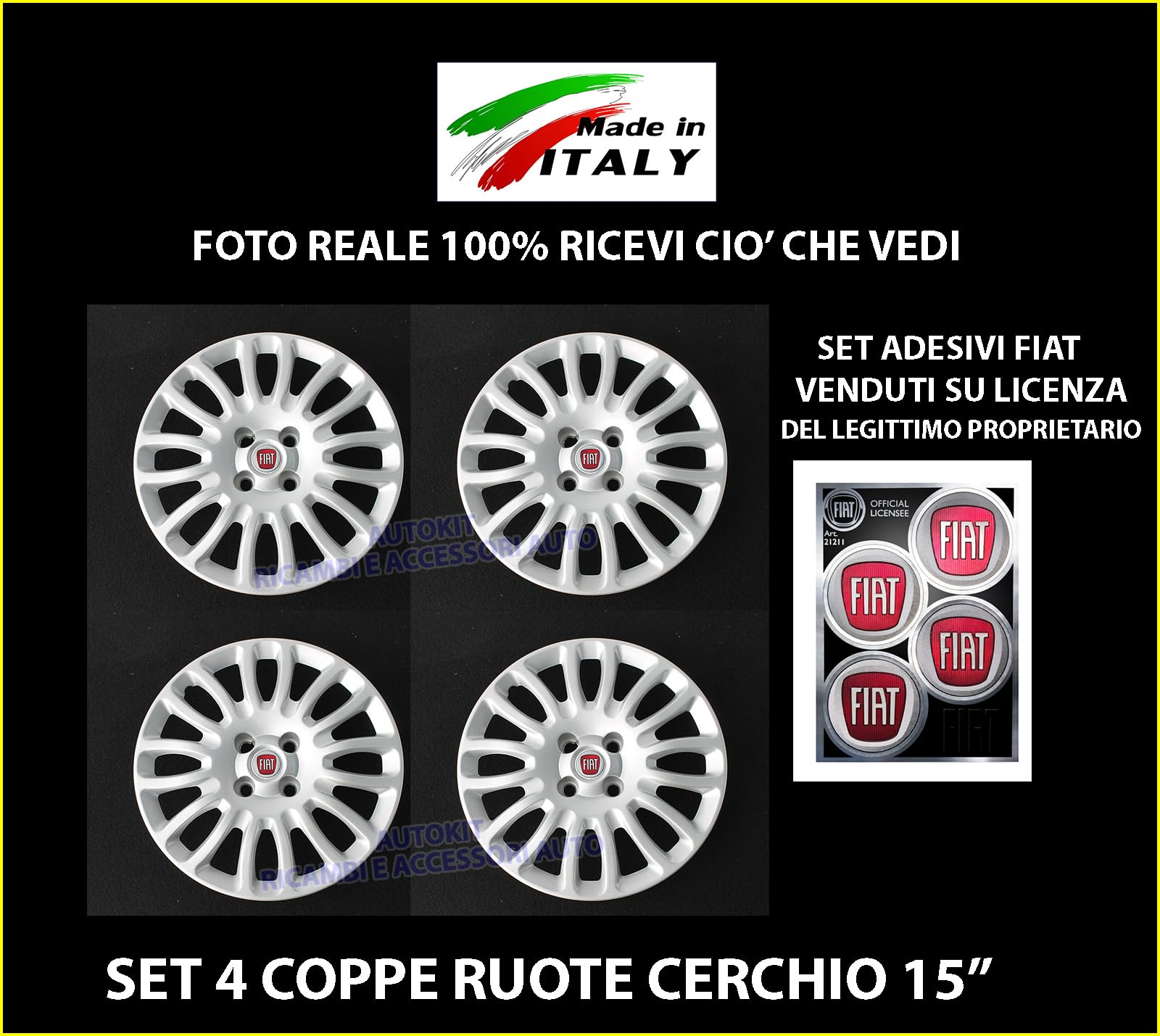 SERIE 4 COPRICERCHI COPPE RUOTA DIAMETRO 15" COMPATIBILI NON ORIGINALI Specifiche per Grande Punto prodotte dal 2008 in poi - 741/15 + 21211