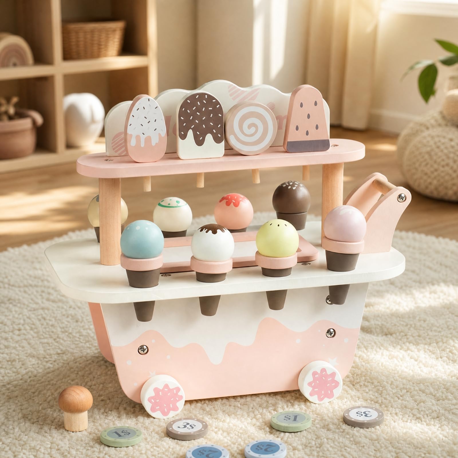 Banco Gelati Finto da Gioco | Colori Tenue Delicati, Carretto dei Dessert con Coni, Gelateria Giocattolo in Legno, per Cameretta, Bambini