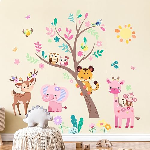 Miniatura 2 de Supzone Calcomanías de pared de árbol de animales de la selva, elefante rosa, jirafa, calcomanías de pared para niños y niñas, dormitorio, sala de
