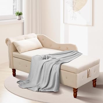 Chaise Lounge Indoor with Storage, Modern Upholstered Nailhead Velvet Couch Sleeper Chair Sofa, Chaise Lounge Chair Indoor Bedroom Living Room OfficeBeige