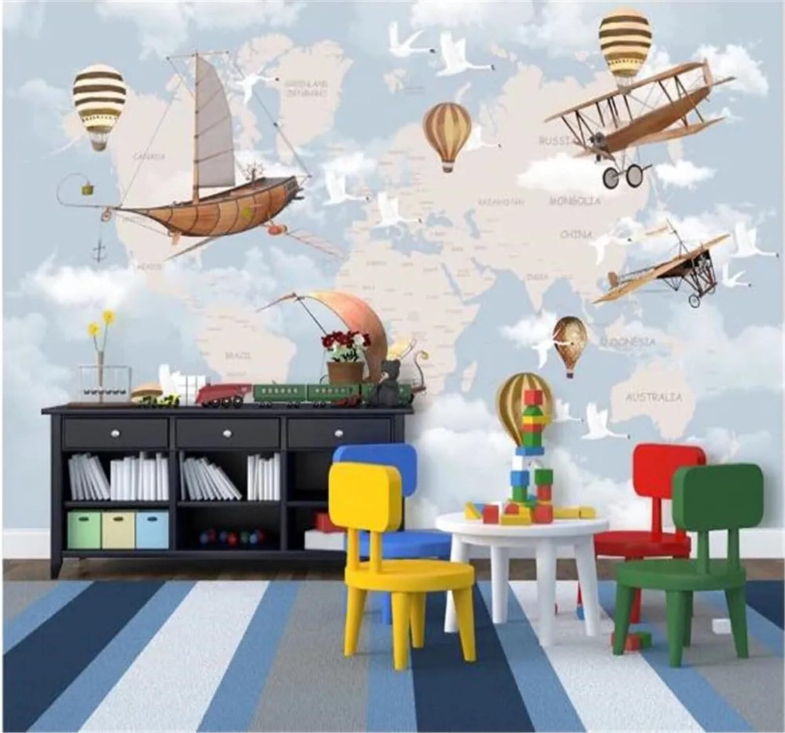 Tzxztt Hand Drawn World Map Spaceship Balloon Modern 3D Wallpaper Premium Textured Silk Neutral Tones Material Ideal for Living Room Bedroom-350cm×256cm