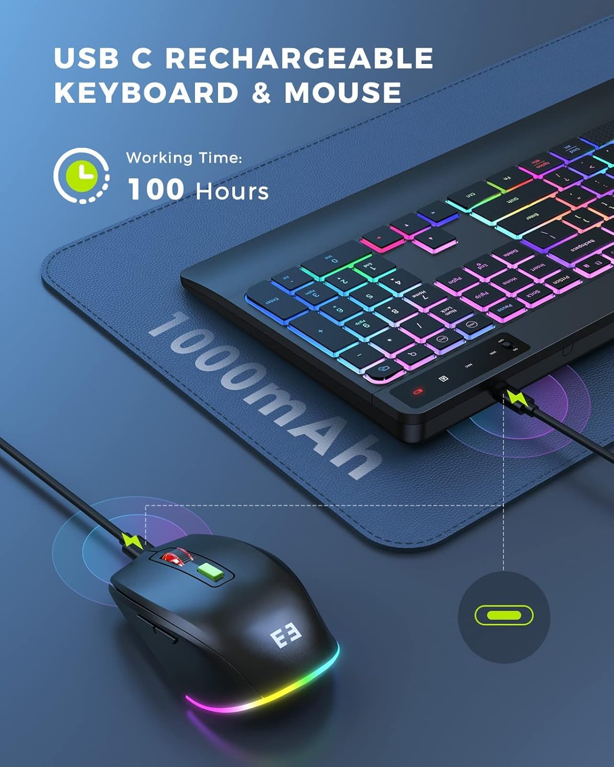 seenda Tastiera wireless 2.4G e mouse Combo con retroilluminazione arcobaleno, tastiera ricaricabile e mouse set UK layout full size con 2 in 1 USB C e USB A Dongle e Wirst Rest, nero