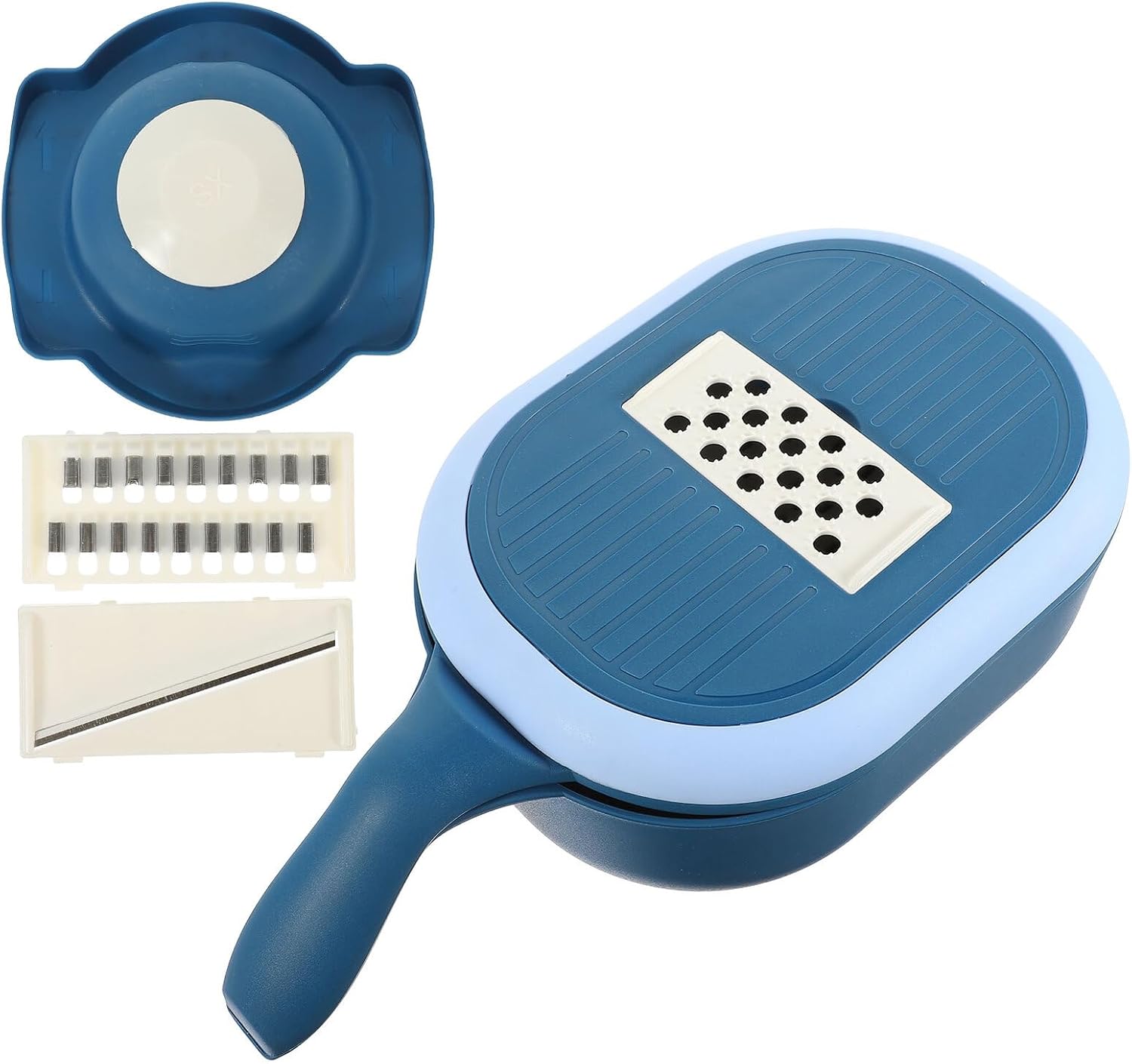 Vegetable Dicer and Mandoline Slicer with Drain Basket, 3-blade Blue Multifunctional Food Cutter for Manual Shredding and Slicing, Kitchen Tool for Meal Prep and Salad Preparation