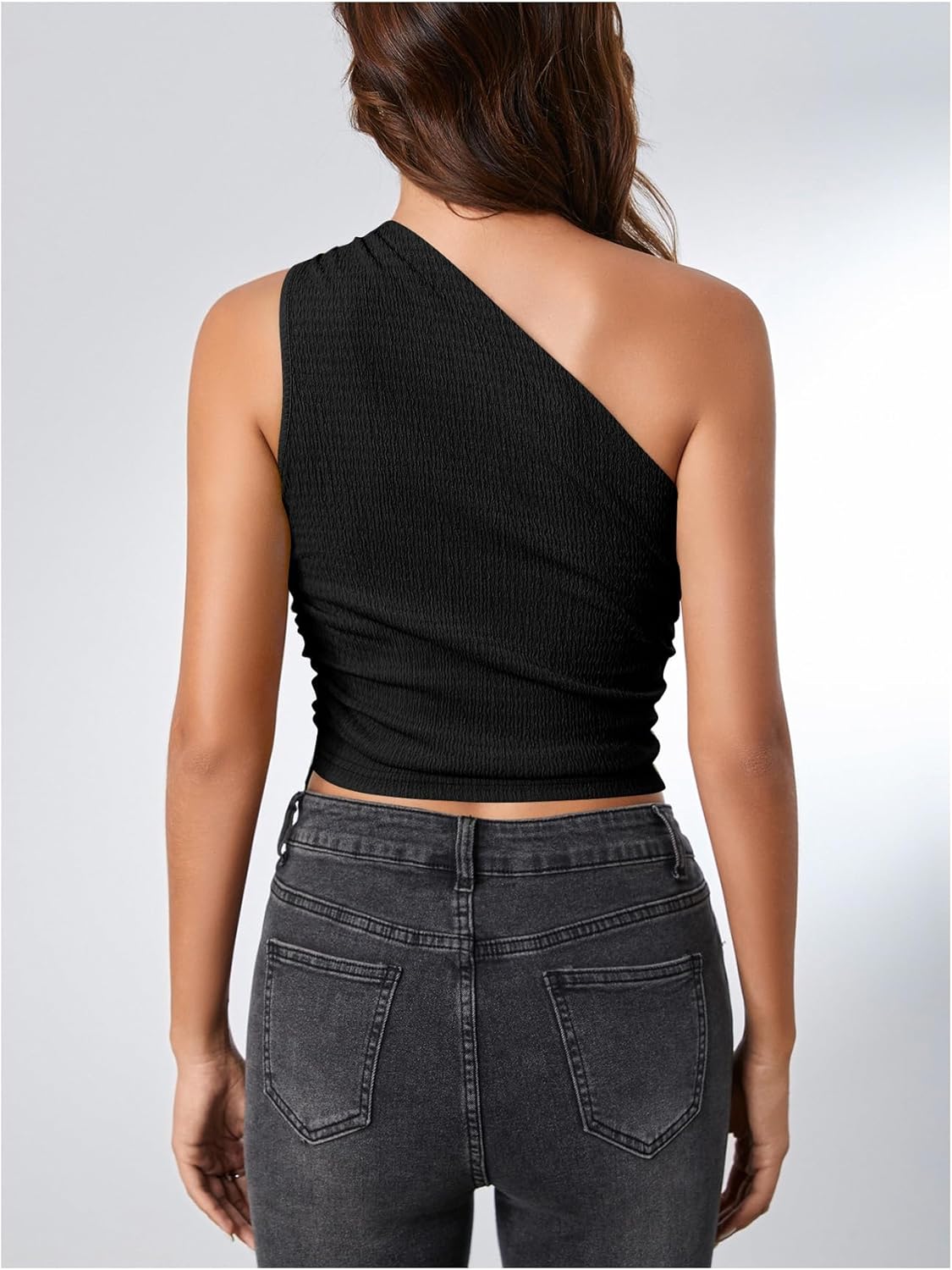 Milumia Women's One Shoulder Tank Tops Summer Ruched Asymmetrical Off The Shoulder Sleeveless Going Out Crop Tops - Image 5