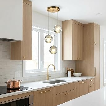 3-Light Pendant Lighting for Kitchen Island, Brass Cluster Chandelier with Crystal Lampshades, Modern Adjustable Hanging Fixture for Dining Room, Entryway, Bar, Includes 3-Color Bulbs