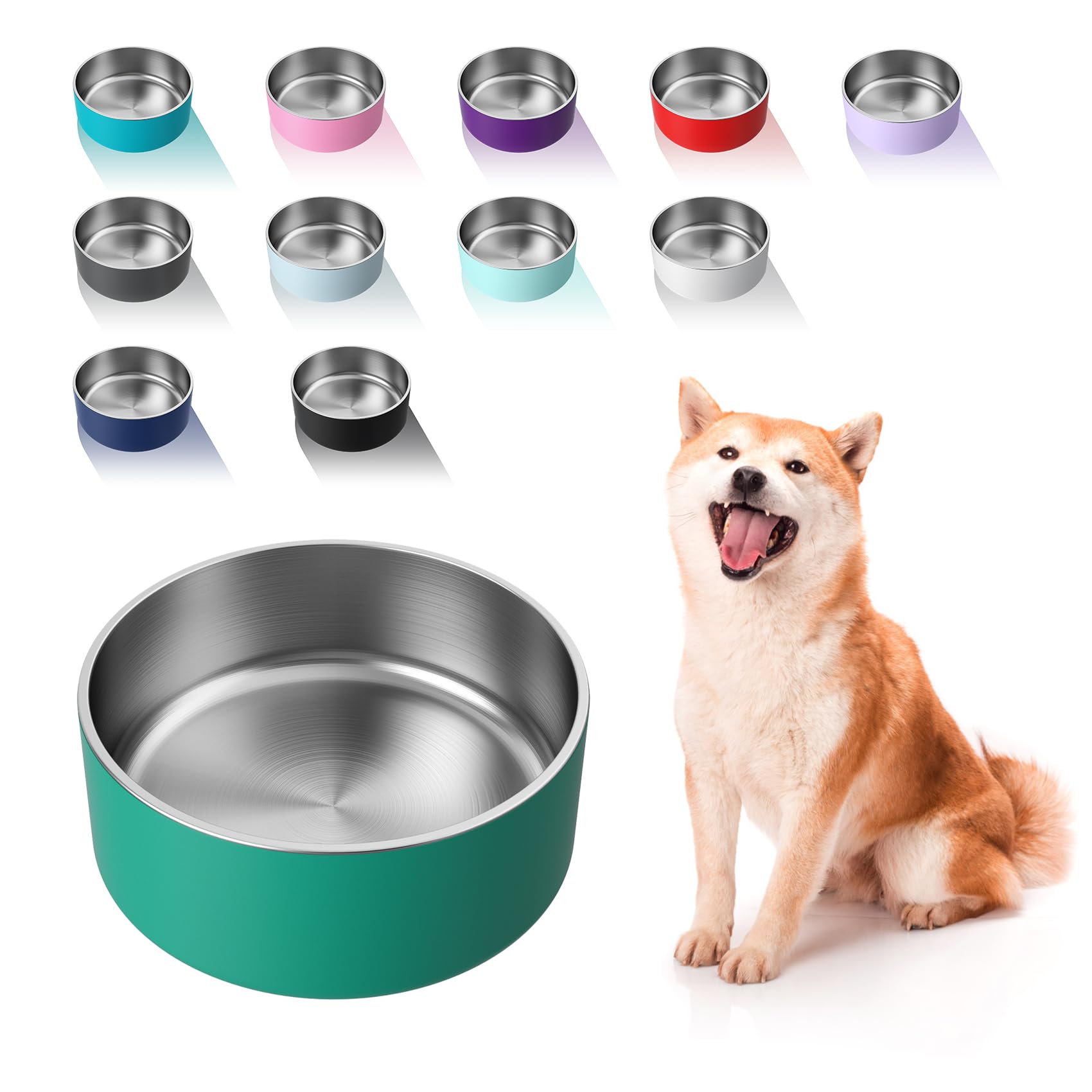 WENBOKMIN Dog Bowl, Stainless Steel Dog Food and Water Bowl with Non Slip Quiet Bottom, Easy to Clean, Dishwasher Safe, 64oz, Deep Green