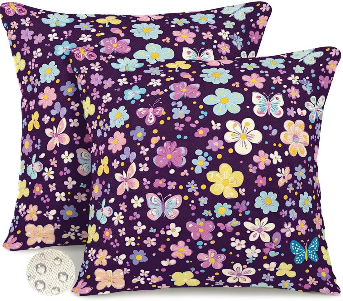 Outdoor Cushions 65cm x 65cm Set of 2 Waterproof Purple Cushion Covers Floral Garden Cushions Summer Decorative Pillows Throw Pillow Covers Double-Sided for Outdoor Patio Garden Couch Sofa -GY494