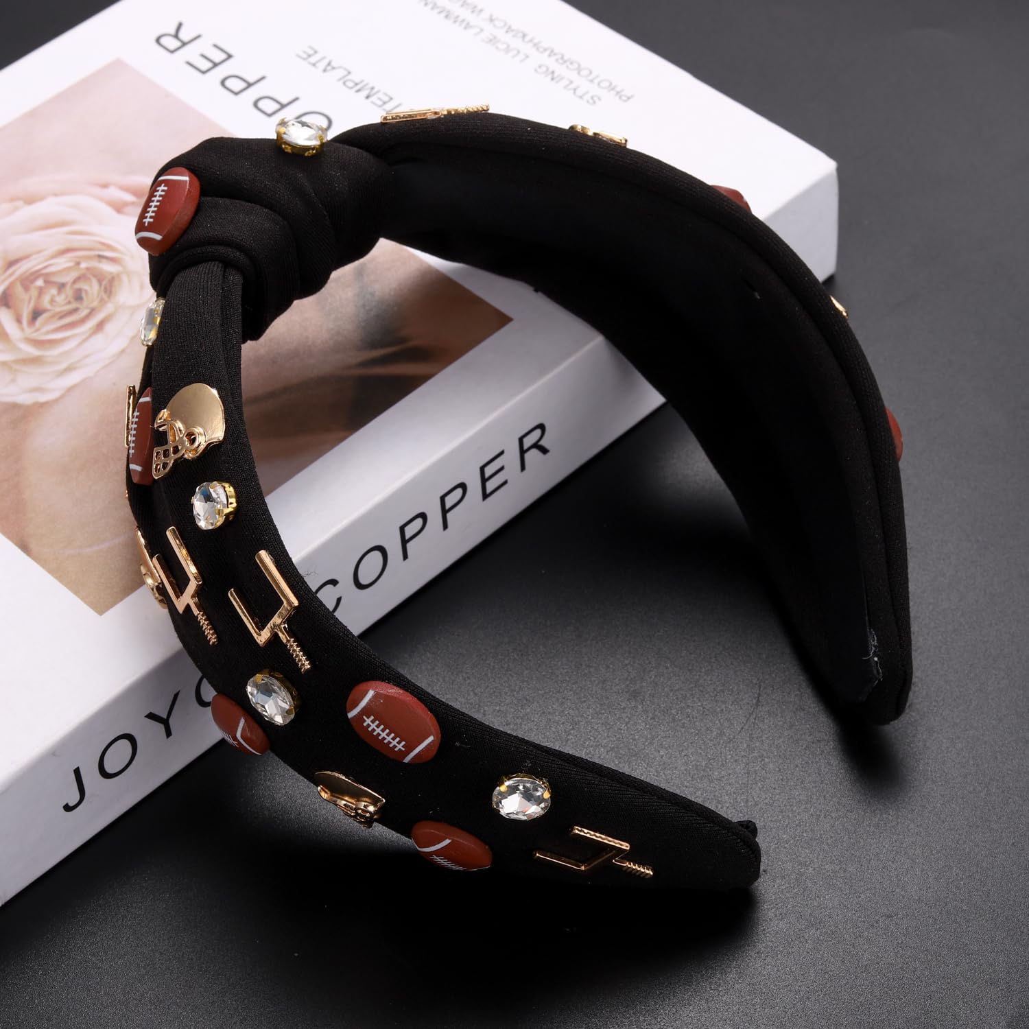 Football Headband for Women Football Accessories Beaded Football Rhinestone Crystal Knotted Headband Jeweled Embellished Game Day Top Knot Hairband Football Mom Hair Accessories (A-Black Football) - Image 3