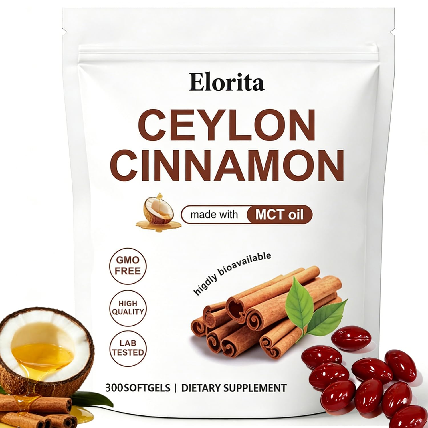 Elorita Ceylon Cinnamon Soft Gels with MCT Oil, 12:1 High Potency Extract, 300 Capsules, True Cinnamon Supplements, Highly Bioavailable Herbal Extract, Non-GMO, Gluten Free