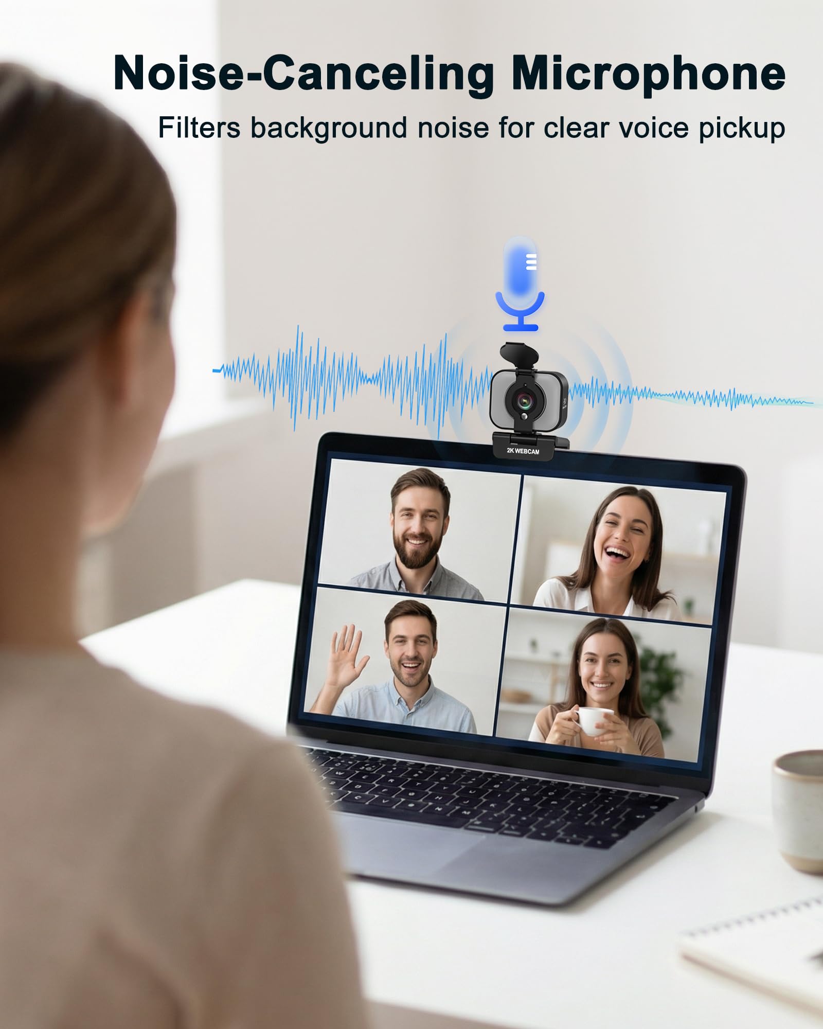 Atatat Webcam 2K per PC con luce, microfono, copertura privacy | Telecamera Web autofocus per desktop/laptop/monitor/Mac, fotocamera per Zoom/Skype/team/videochiamate/riunioni