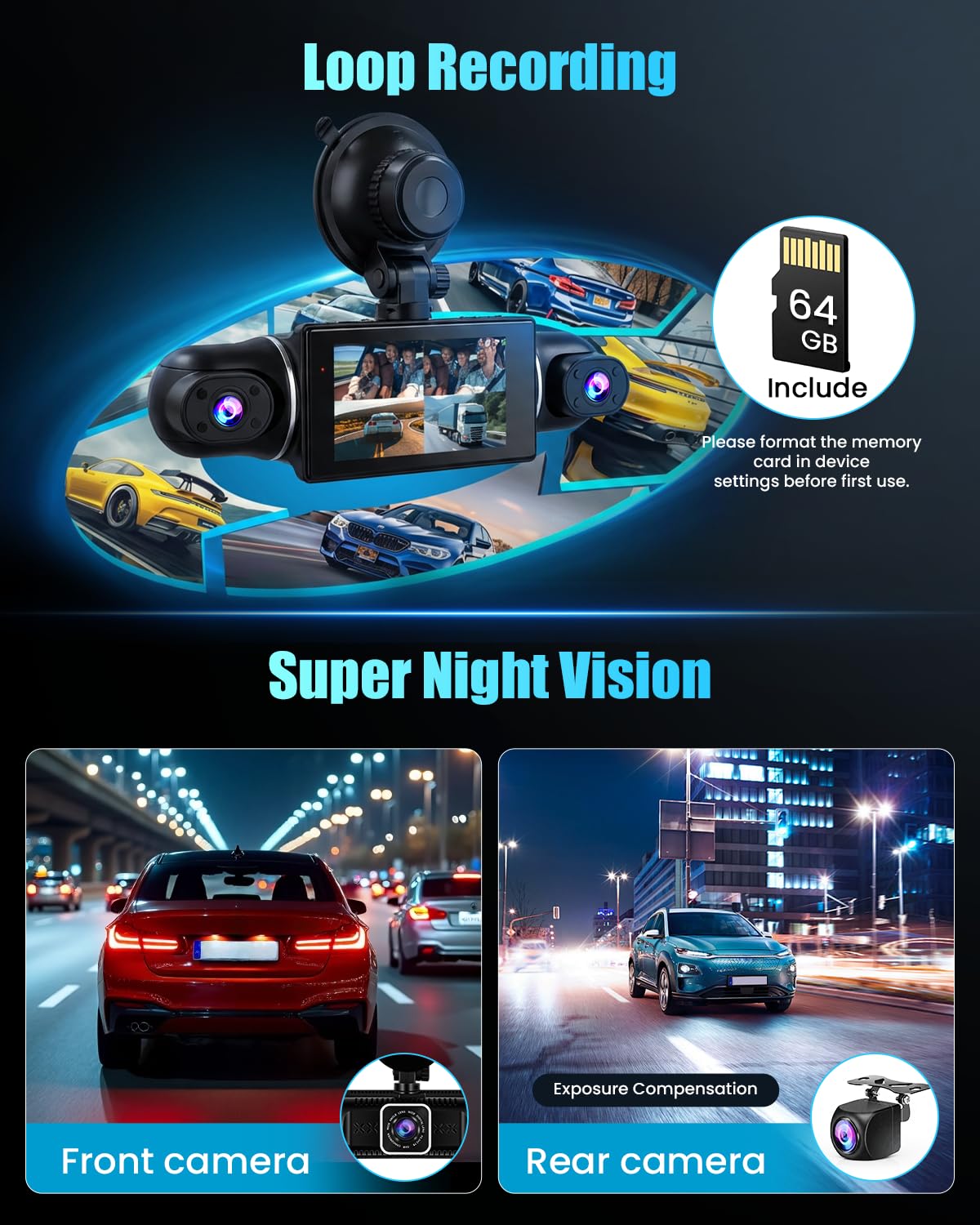 Hikity Kamera samochodowa 2K 360° z kartą SD 64 G, 4-kanałowy ekran IPS Dash Cam, 2K + 1080p x 3 G, nagrywanie w pętli, 24 monitoring parkowania, widoczność w nocy