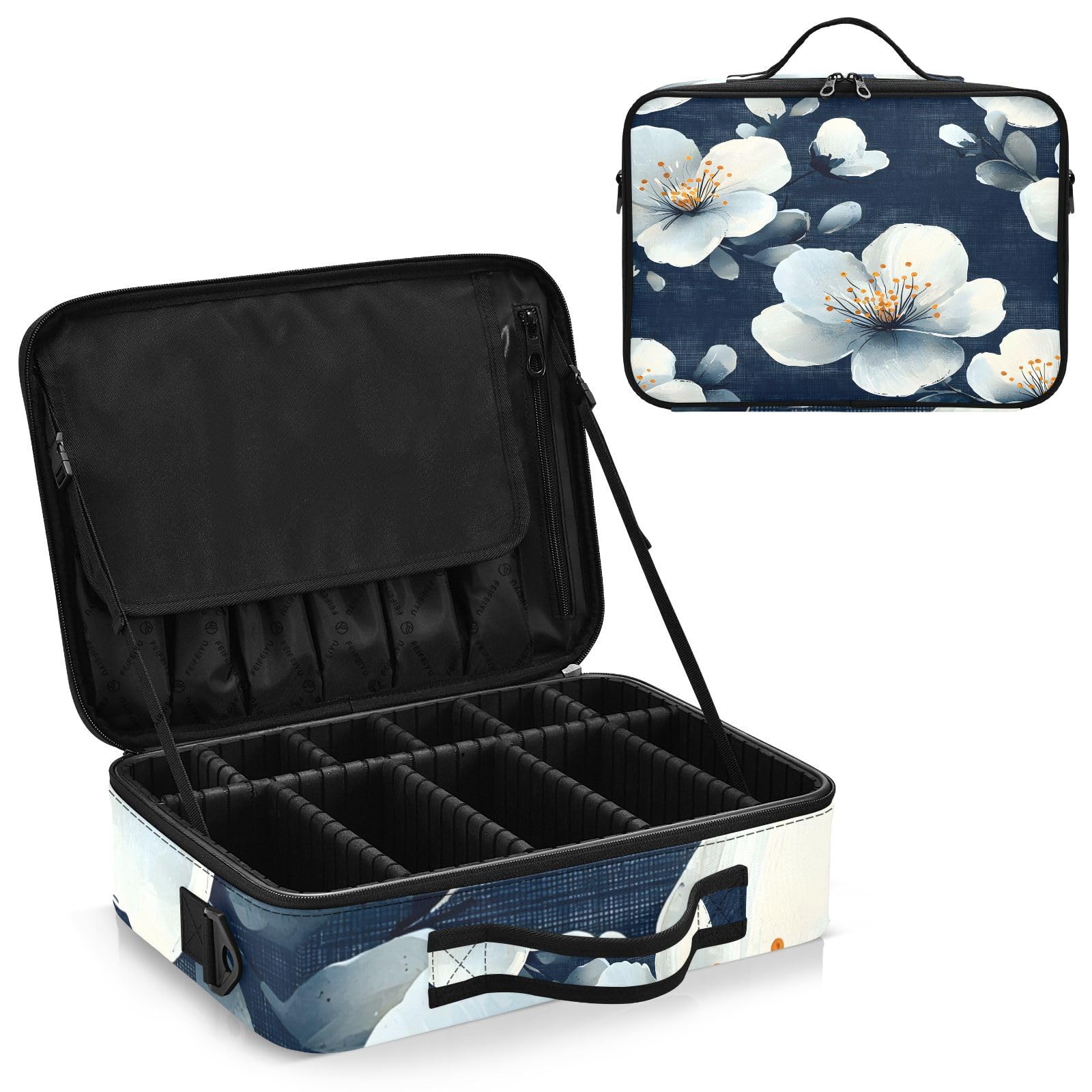 zyrtty Travel Makeup Train Case Navy White Flower Pattern Cosmetic Organizer Portable Storage Bag with Adjustable Dividers for Cosmetics Brushes Toiletry Jewelry Digital Accessories