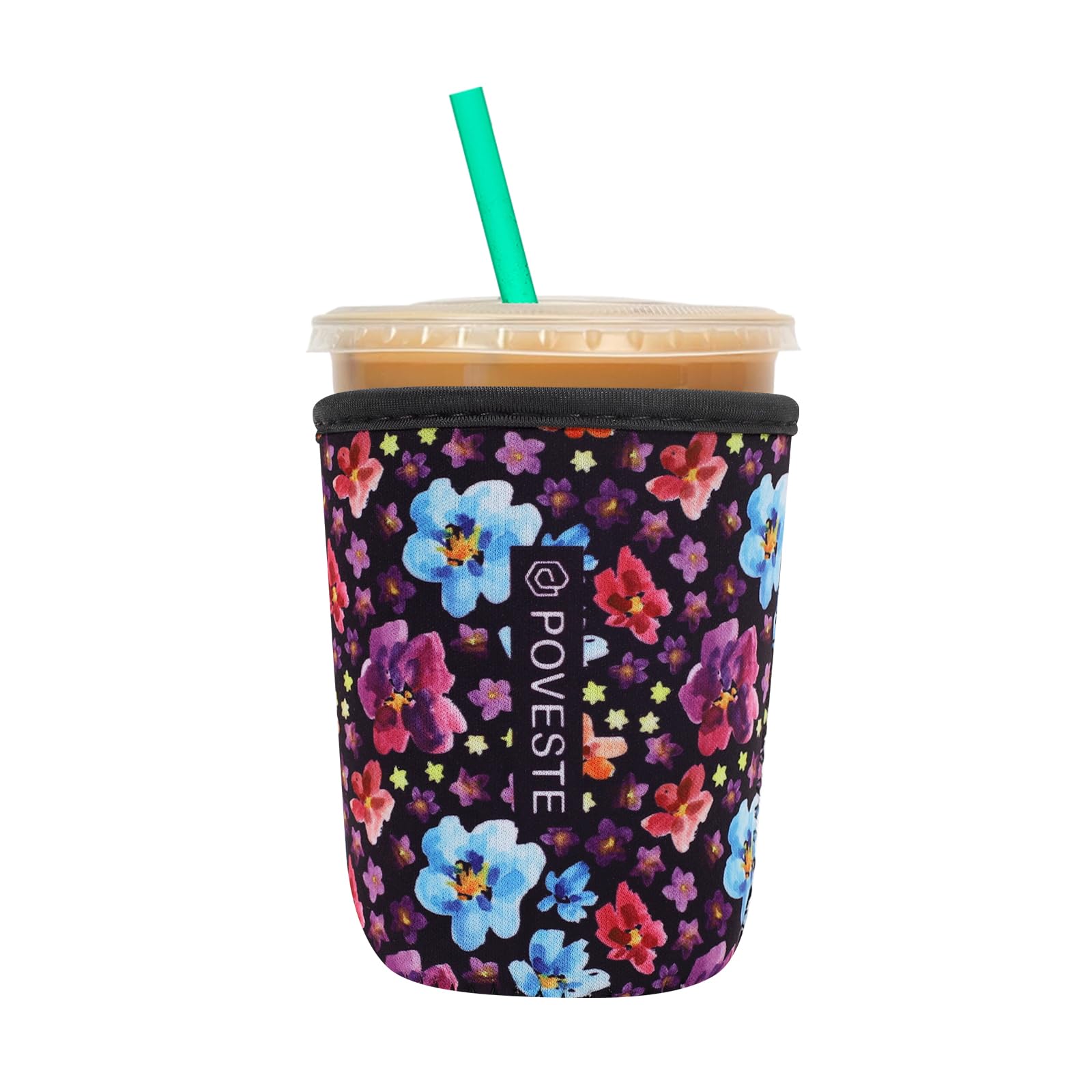 Reusable Neoprene Insulator Sleeve for Iced Coffee &amp; Cold Soda, Coffee Sleeves for Iced &amp; Hot Drinks, Cold Beverage Cooler Compatible with Starbucks, Dunkin (Purple Garden, Small: 16-18oz)