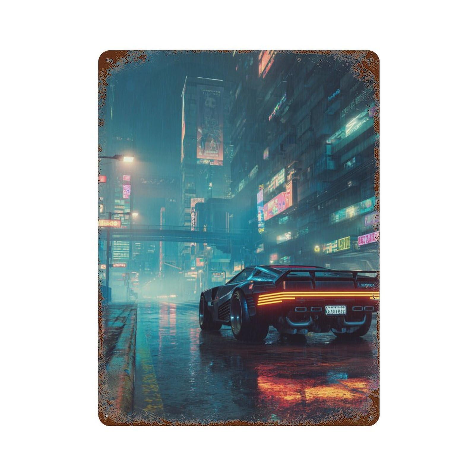 Rust Effect Neon Cityscape-1 Rusty Metal Tin Sign 15.7"x11.8", Old School Wall Decor for Garage, Bar And Workshop Decor