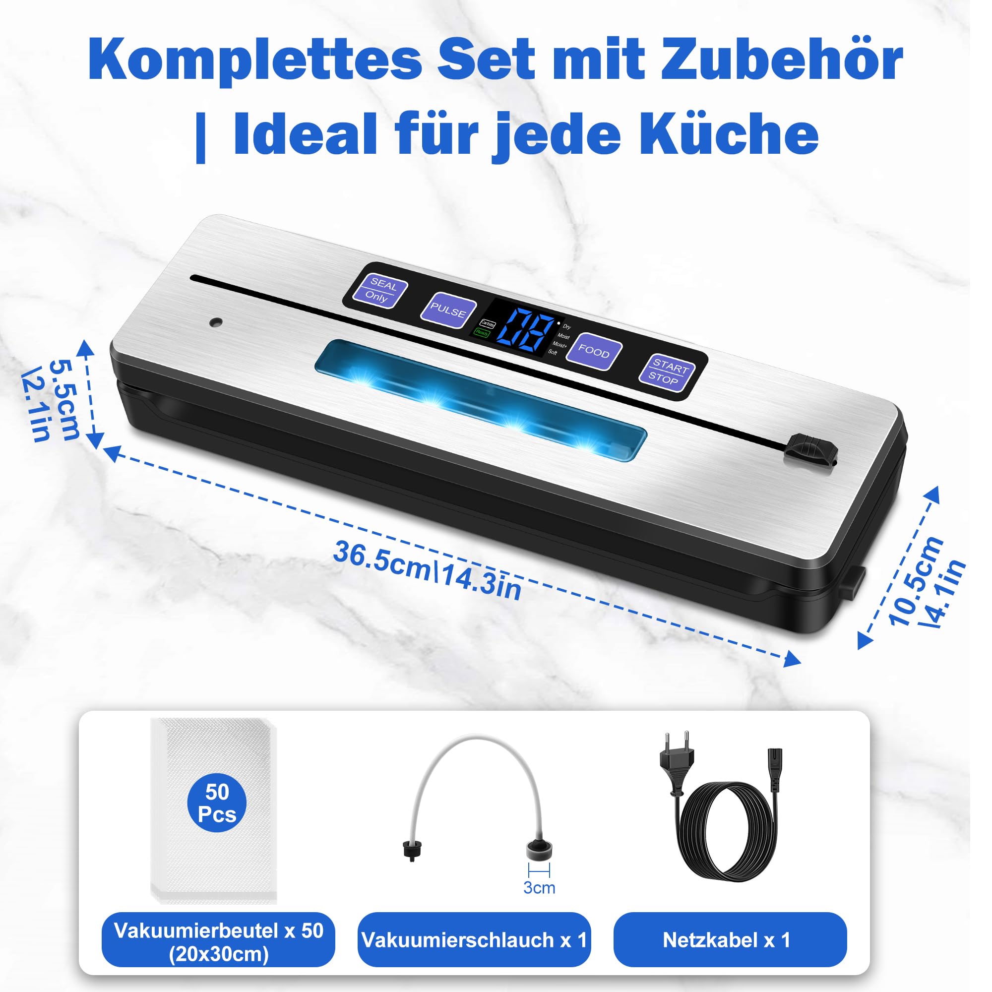 Vakuumiergerät 7 in 1 Profi mit Doppelter Schweißnaht, Cutter und Digitalem Countdown, 50 Beutel