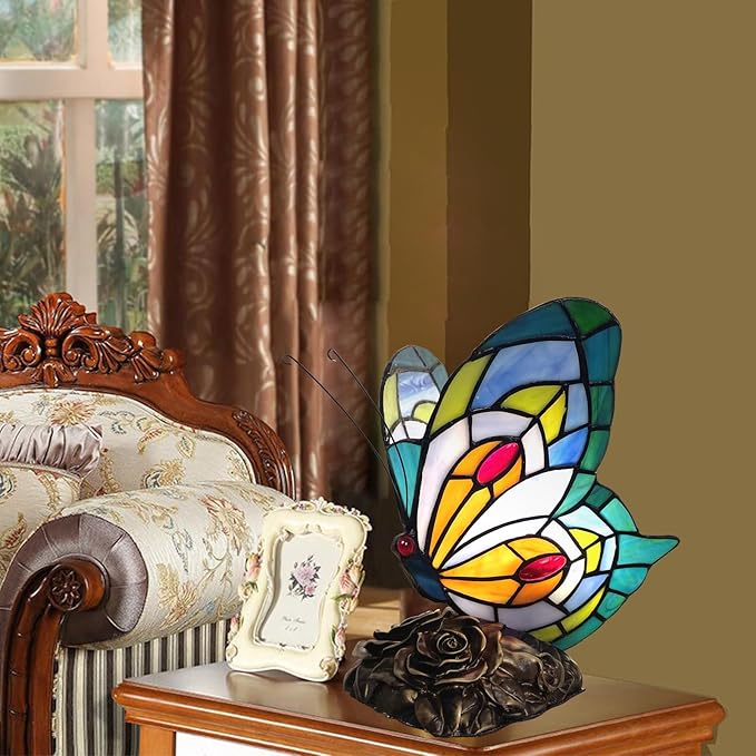 tuomoxte Tiffany Style Butterfly Table Lamp for Living Room Colorful Stained Glass Shade Table Lamps for Bedroom Bedside Nightstand Lamp Home Dec Office Desk Light Mothers Day Gifts W/LED Bulb photo 3