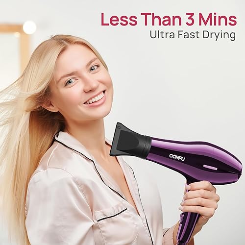 Miniatura 4 de CONFU - Secador de pelo de 1875 W de secado rápido iónico de bajo ruido con 2 velocidades 3 de ajuste de calor frío, boquilla difusora, bolsa de