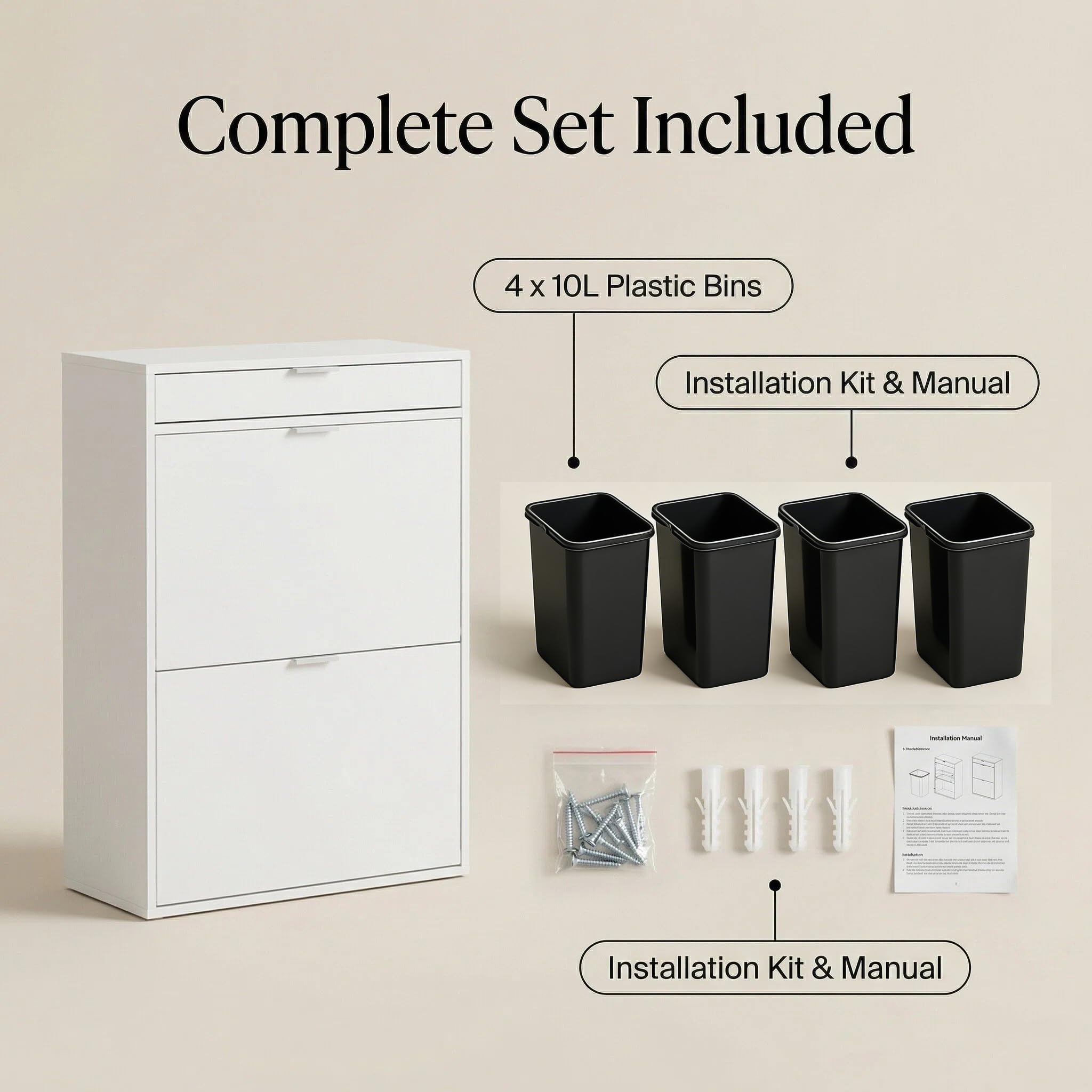 Mülleimerschrank Mülltrennsystem 4fach, Müllschrank Organizer für Küche, Abfalleimer Küche mit 4×10L, Mülleimer ausziehbar unter Spüle Alternative mit Schublade Weiß