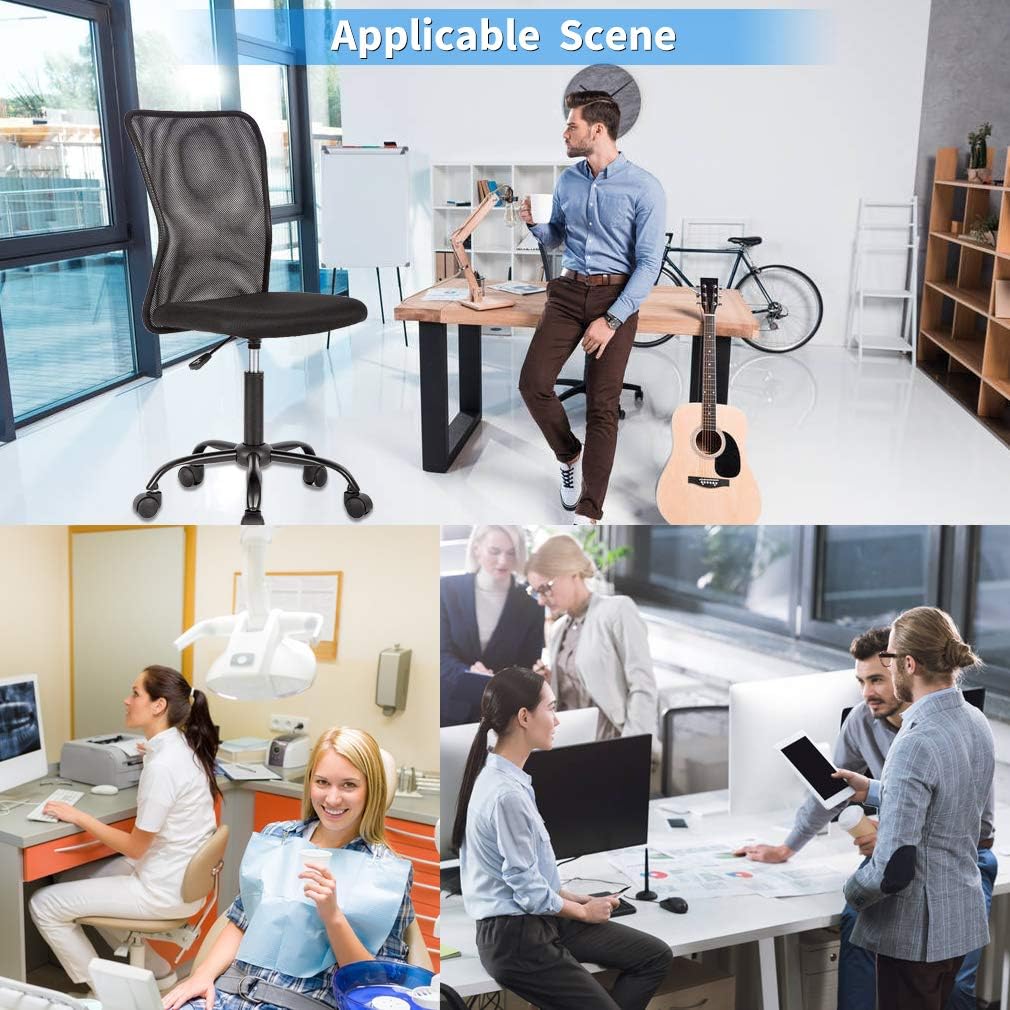 Home Office Ergonomic Mesh Chair - Armless, Adjustable Mid Back, Small Modern Swivel Rolling Desk for Women - Black with Wheels for Home, Office
