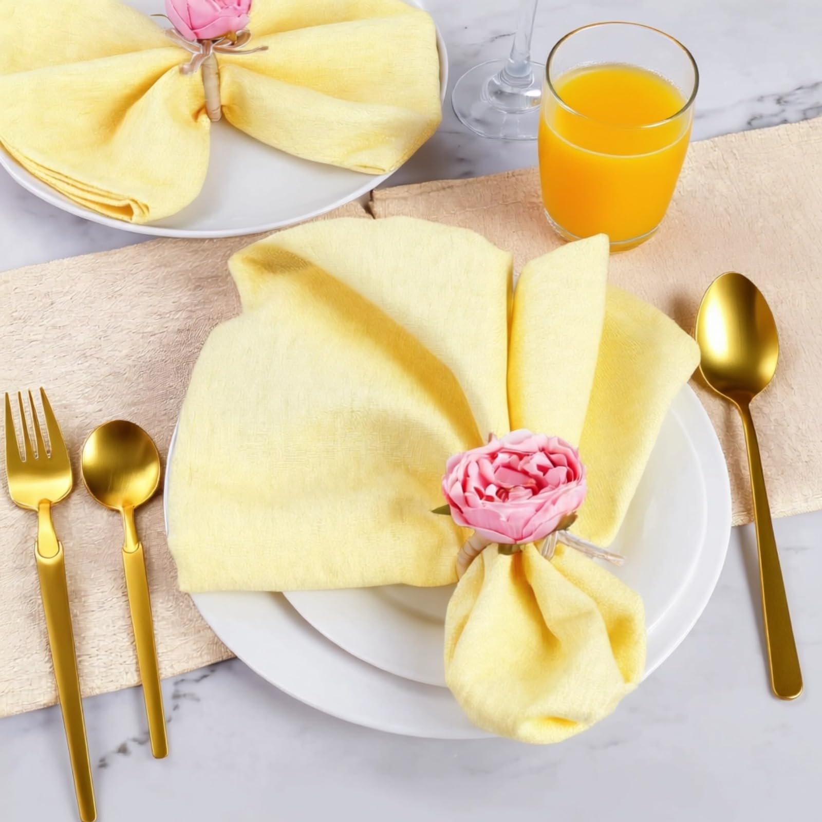 Lot de 8 Ronds de Serviette Fleur Rose, Porte Serviette en Corde de Chanvre avec nœud Fait Main, Style raffiné pour Noël, Thanksgiving, Automne, Mariage, fête, décoration de Table, Repas