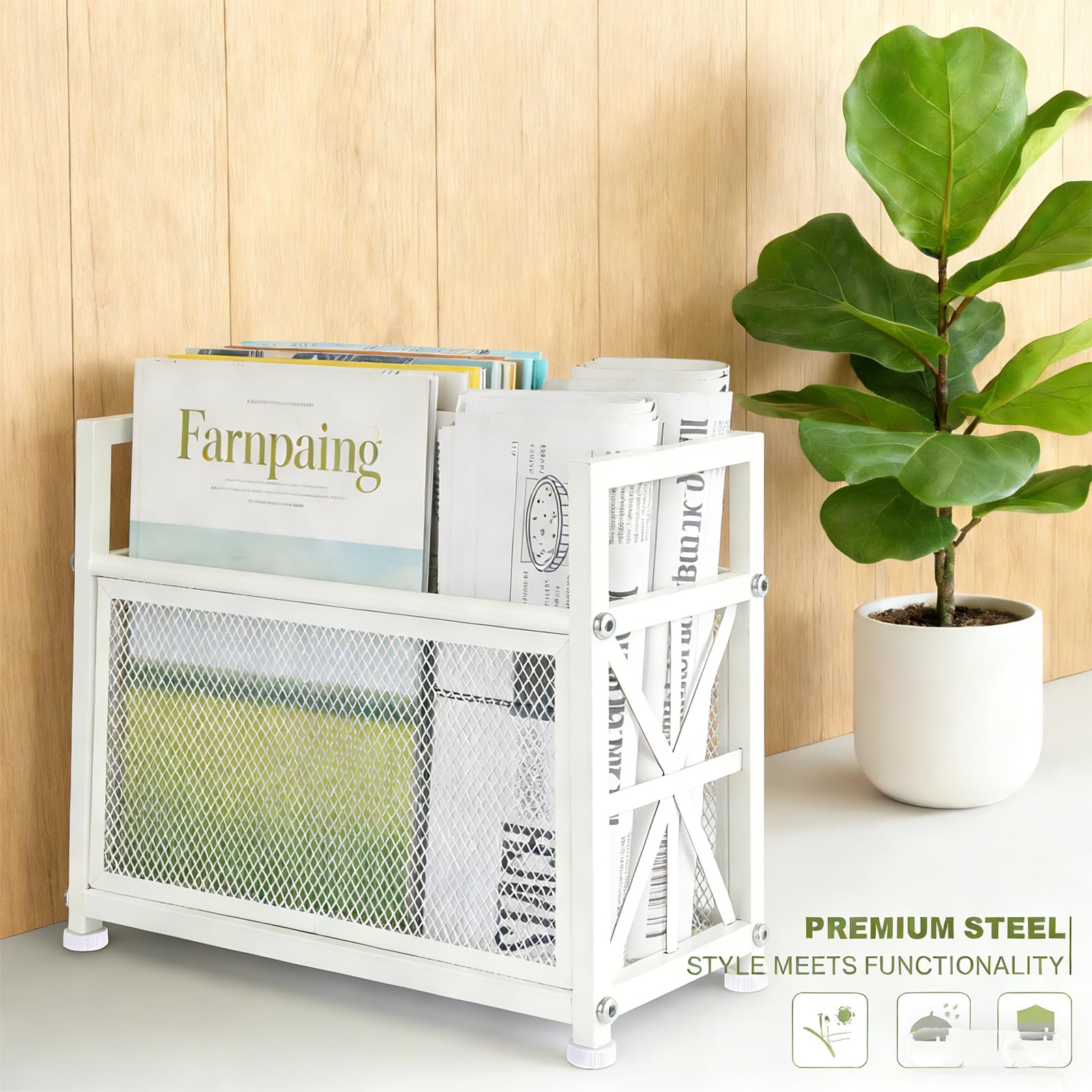 Portariviste da pavimento, in metallo, porta riviste da pavimento, in rete bianca, per riviste, libri, giornali, tablet