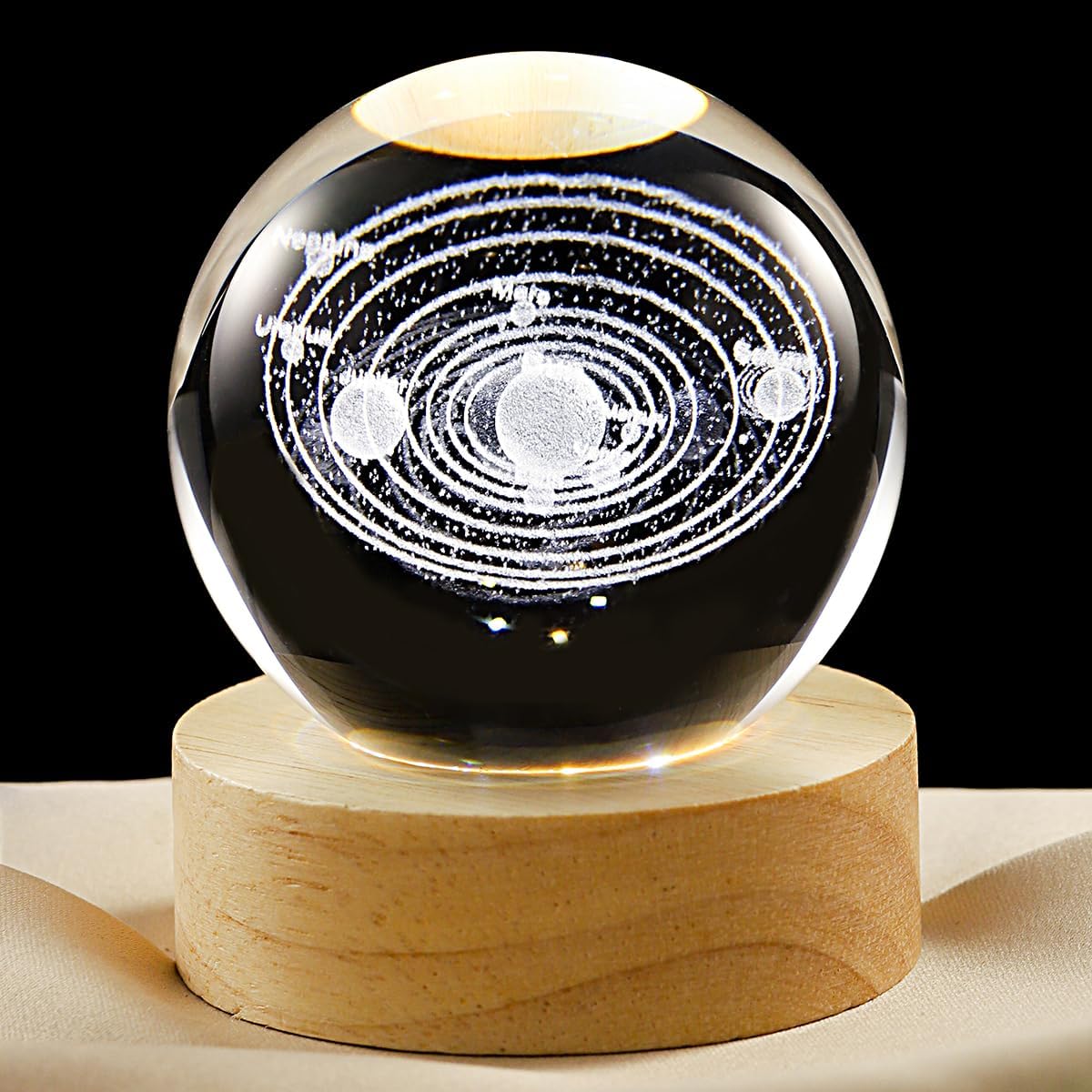 3D ​Photo voltaic System Crystal Ball Lamp with Dimmable LED and Wood Base, Evening Gentle for Youngsters Teenagers Adults, House Desk Workplace Bed room Decor, Birthday Reward (2.4”/ 6cm)