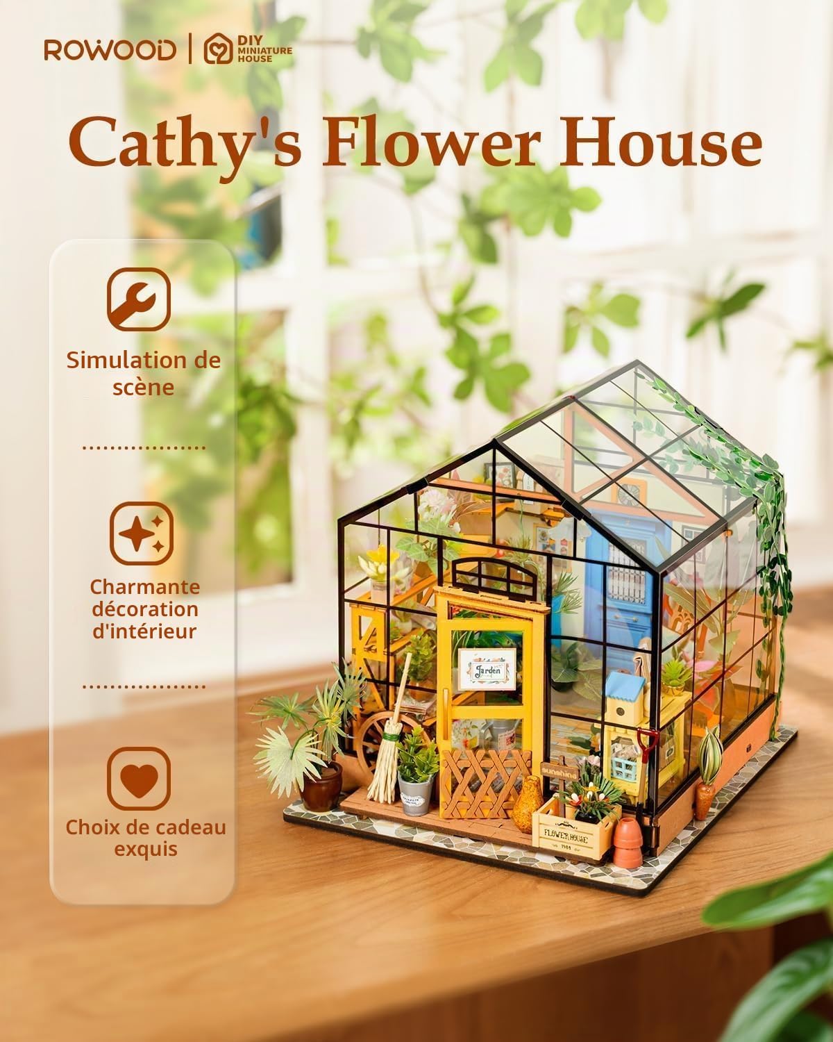 ROWOOD Mini Maison Fleurie de Cathy Miniature de poupée Serre, en Bois, Bricolage Set modèle, Cadeau d'anniversaire pour Adulte Femme Fille