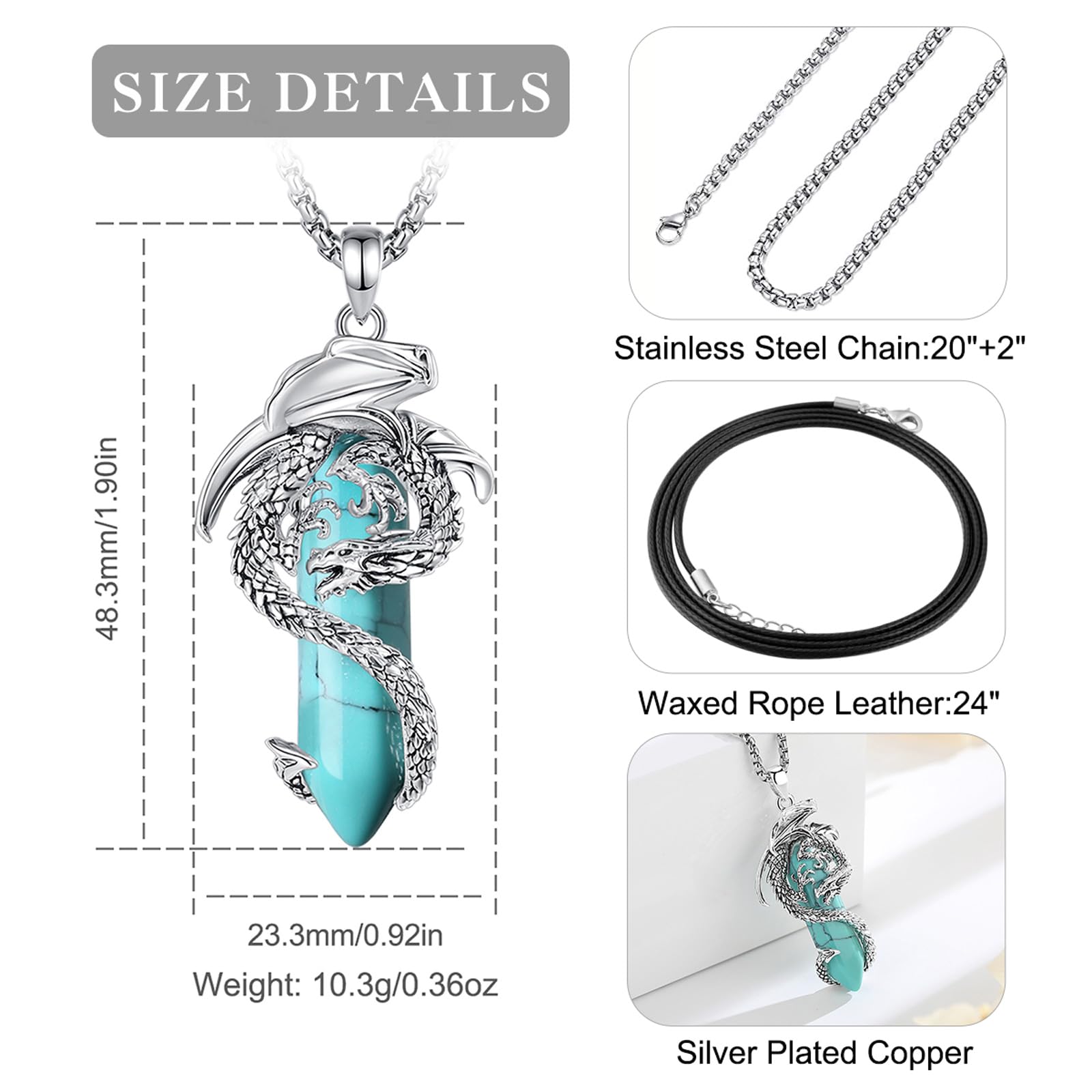 Argento Placcato Collana con Drago Rame per Donna, Cristallo Curativo Ossidiana/Quarzo Rosa/Ametista/Malachite/Turchese Ciondolo Amuleto Protezione Regalo Gioielli, 22"