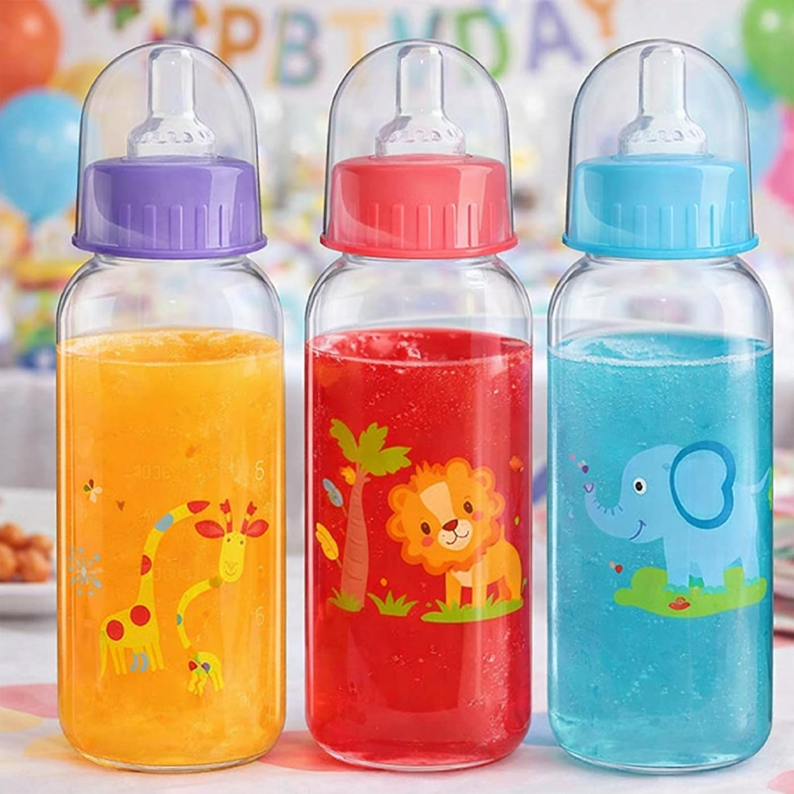 Norme 24 botellas de plástico de 9.5 onzas para baby shower, juegos, fiestas, botellas de leche para niños, decoraciones de cumpleaños, regalos, elefante, león, jirafa (recto)