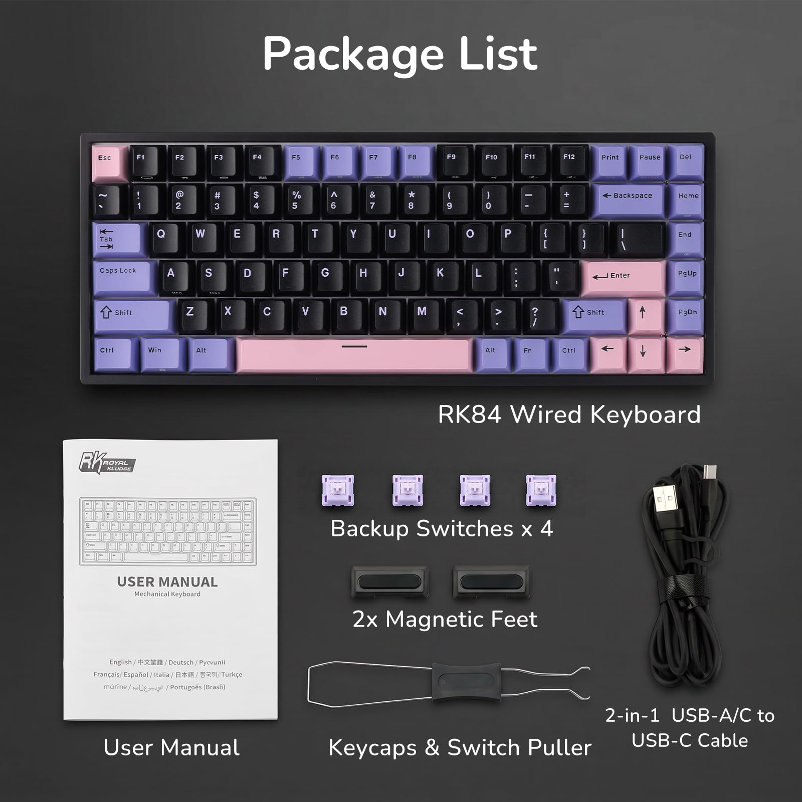 RK ROYAL KLUDGE RK84 – przewodowa klawiatura mechaniczna do gier z 75% układem TKL, podświetleniem RGB i funkcją hot-swap, układ US QWERTY