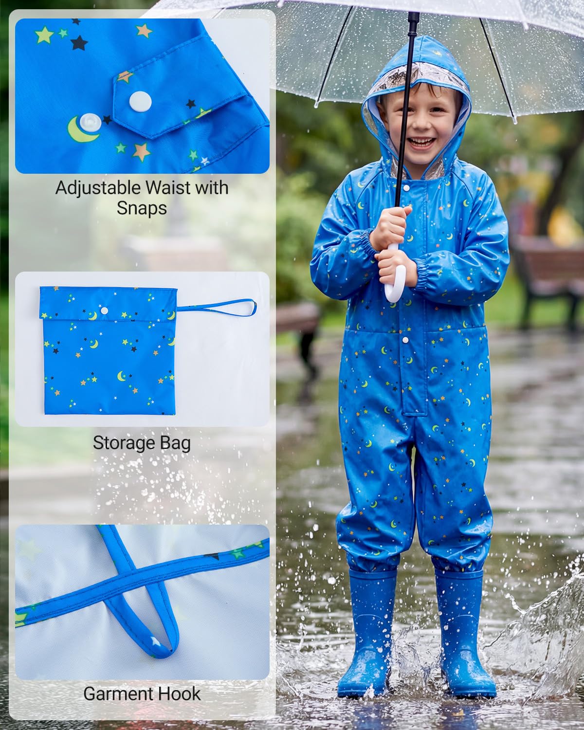 JiAmy Combinaison Pluie Enfant Imperméable, Combinaison Intégrale avec Fermeture Zippée + Boutons, Vêtement Pluie Enfant Garçon Fille 1 à 3 Ans
