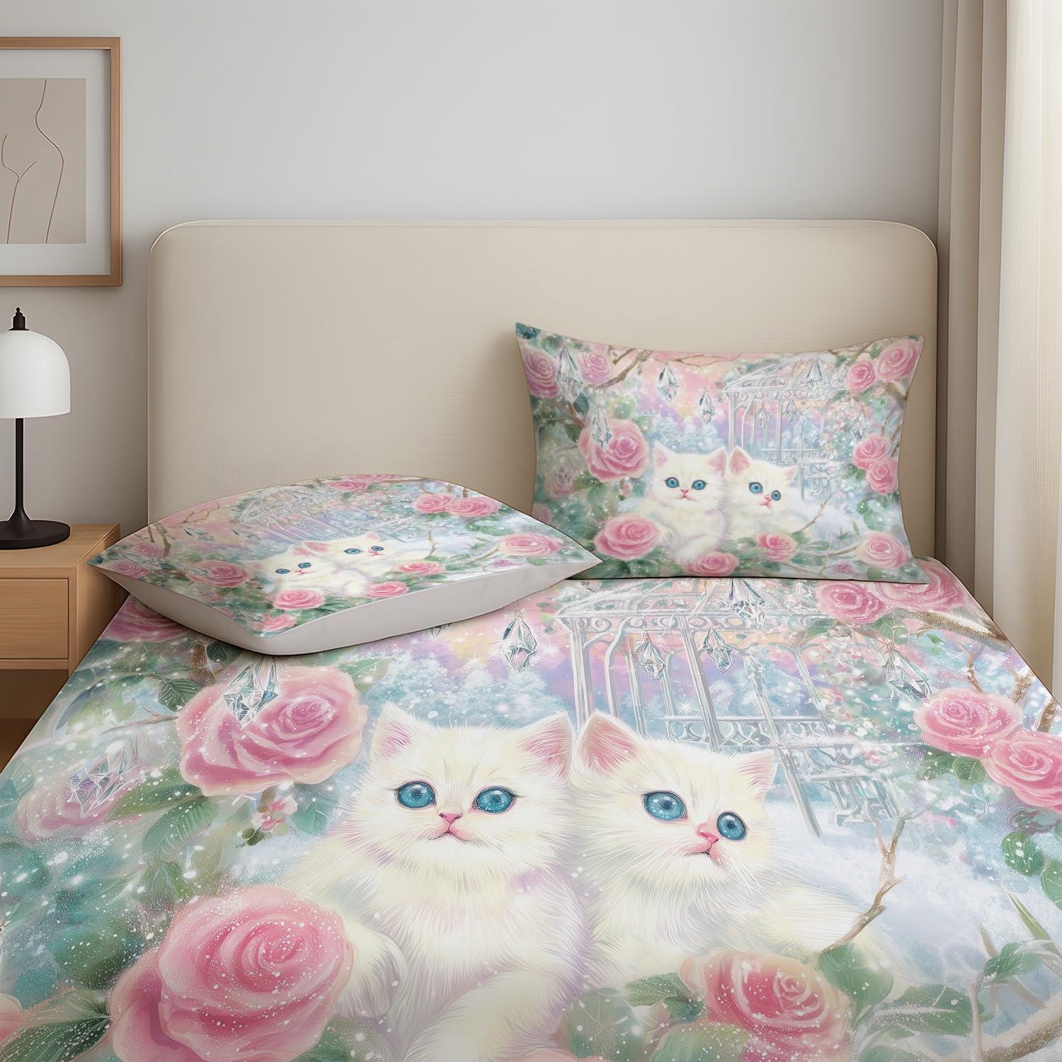 Juego de sábanas bajeras tamaño King de 30 cm de profundidad, diseño floral de rosas y gatos, microfibra cepillada suave, resistente a la decoloración, transpirable, 150 x 200 cm