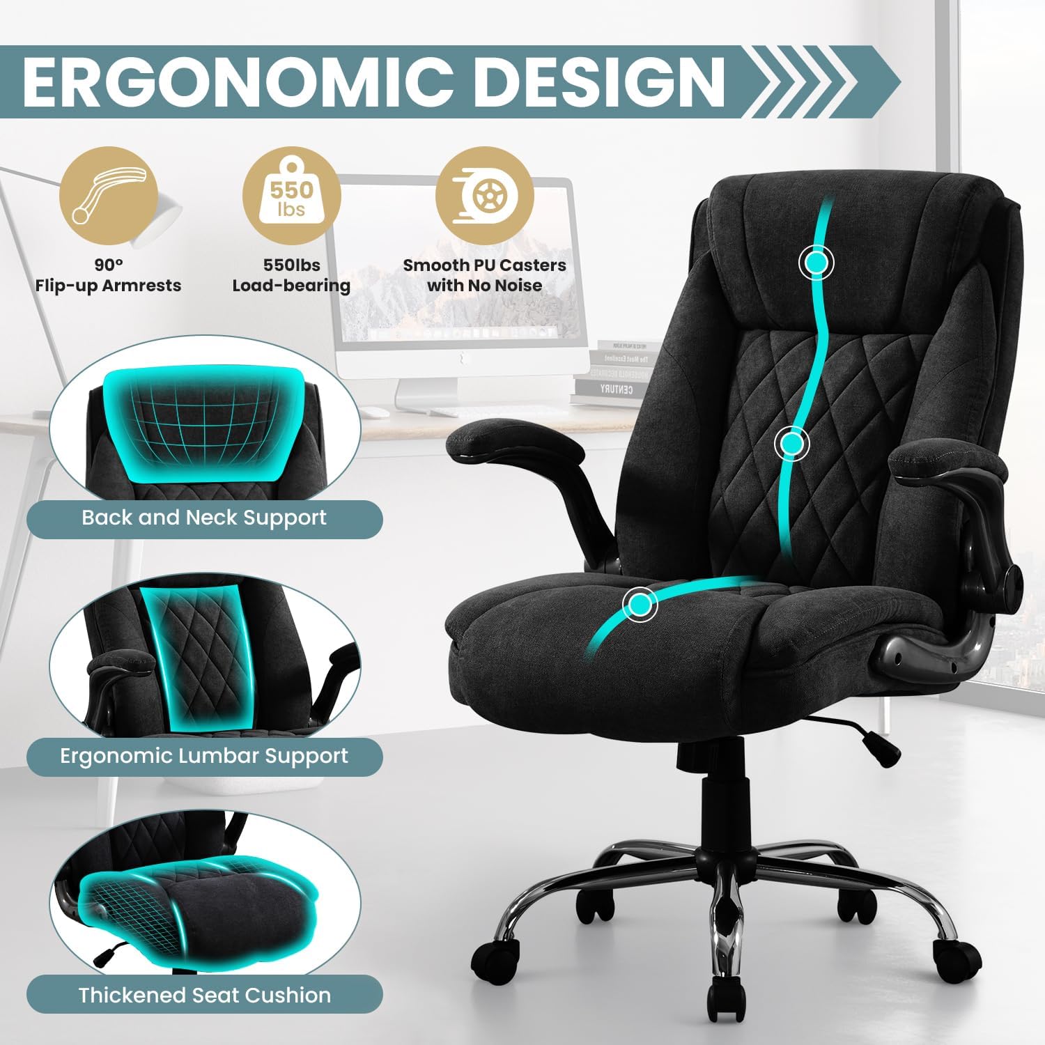 Big and Tall Office Chair 550lbs Heavy Duty Executive Fabric Office Chair with Adjustable Height, Flip-Up Armrests, Wide and Thick Seat Cushion, Comfy Chair for Heavy People, Ideal for Office Work