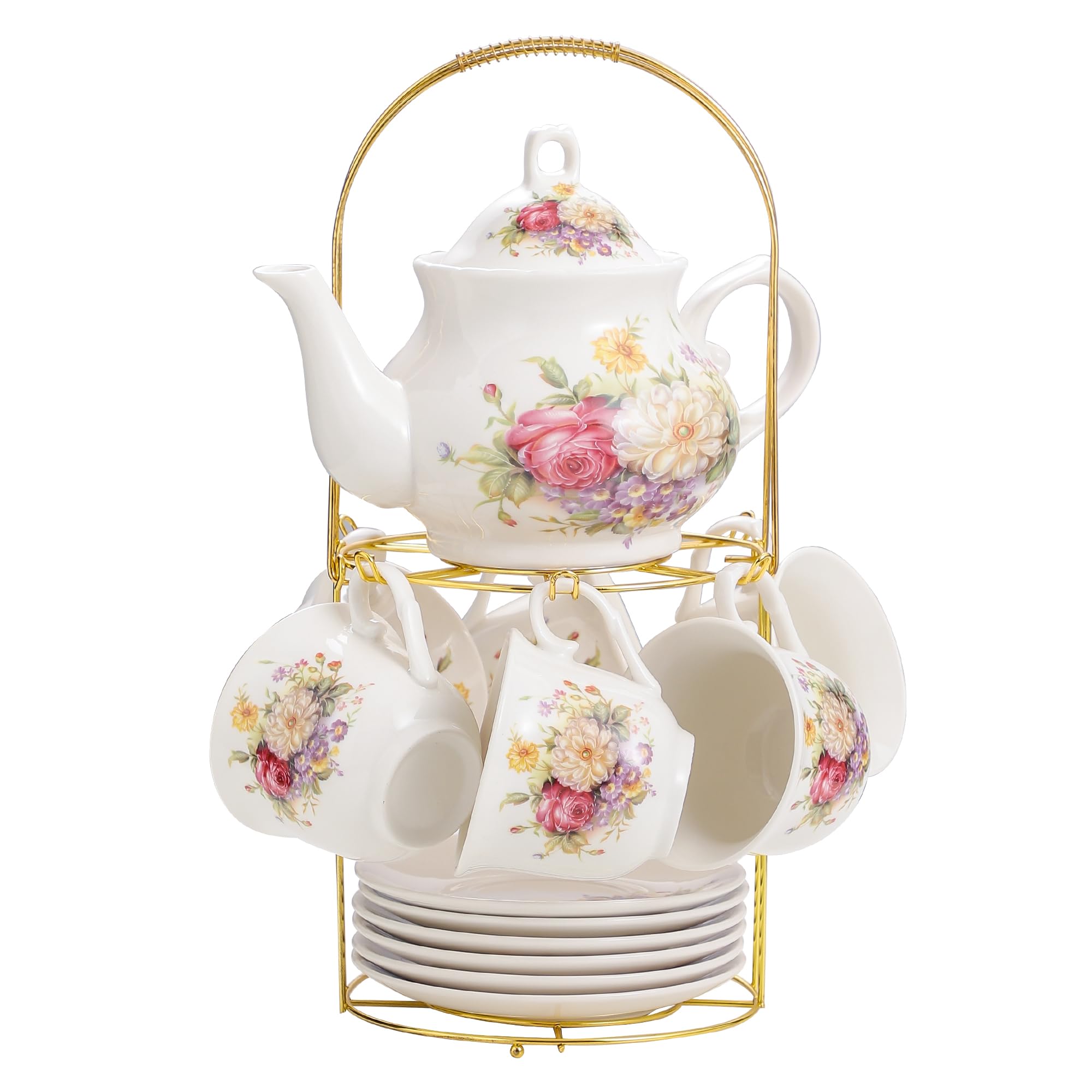 Juego de té de porcelana de 20 piezas para mujeres, juego de té para adultos con estante de metal dorado, juegos de regalo de té para el hogar y fiesta (012)