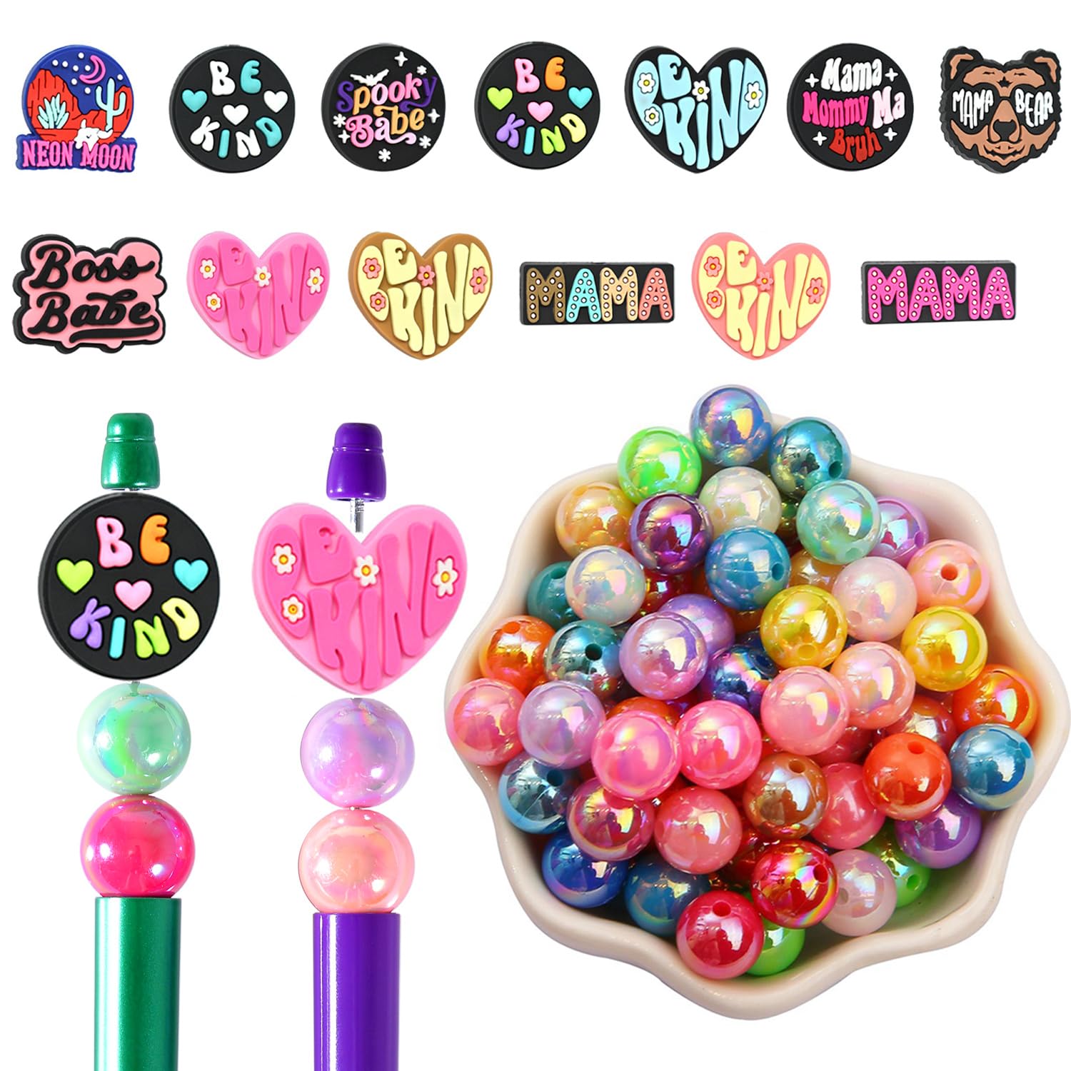Perles pour stylos à perles en silicone et acrylique 16 mm pour porte-clés DIY
