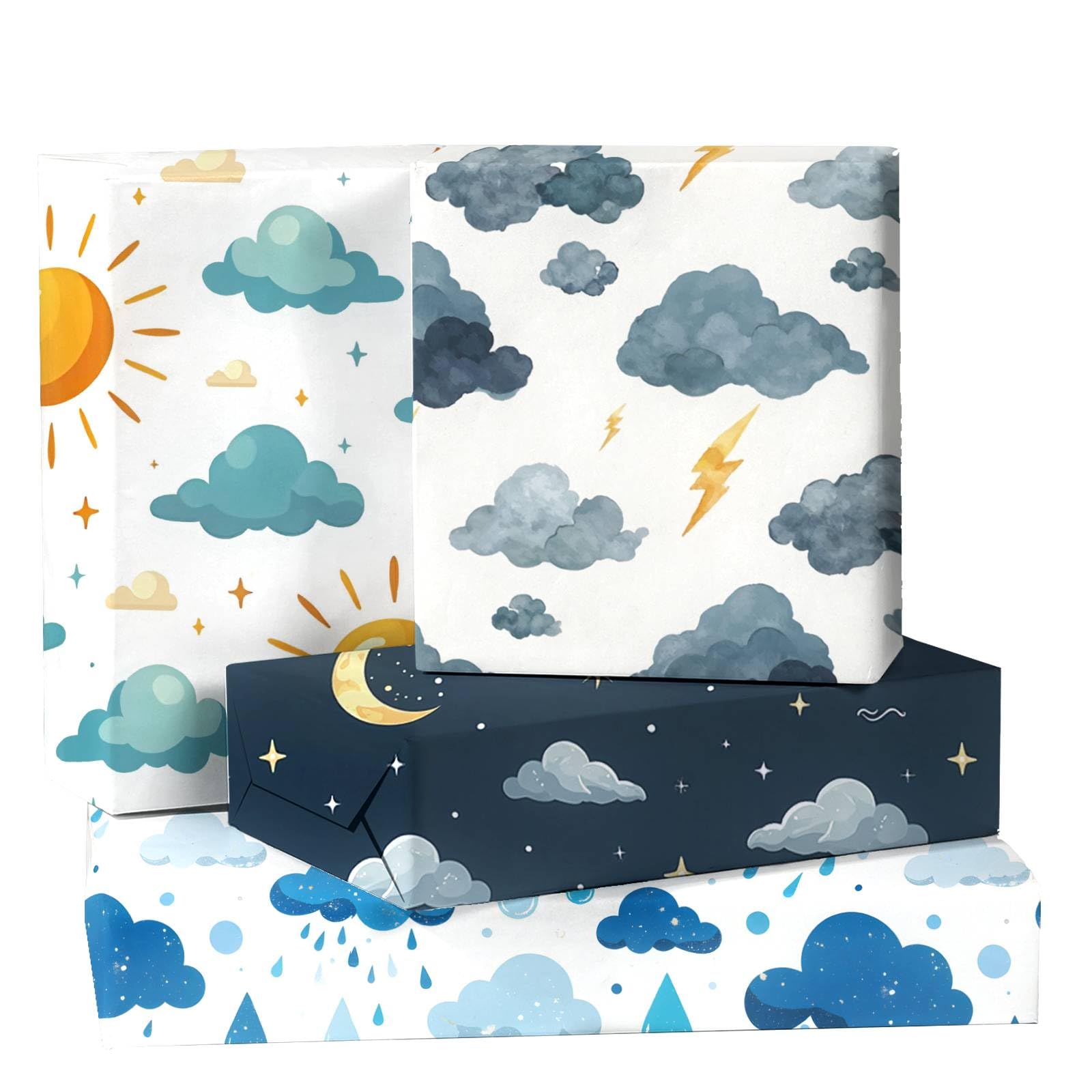 GleeWrap Weather Themed Wrapping Paper Set - 12 Sheets with 4 Unique Sky Designs, 50x70cm Gift Wrap for Birthdays, Housewarmings & Seasonal Celebrations