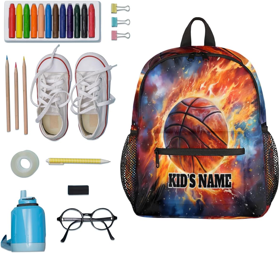 cfpolar Personalized Kids Backpacks for Boys Girls 12 In, Custom Name Mini Toddle Backpack, Waterproof School Bookbags Casual Daypack Bag for Preschool Kindergarten, Space Starry Sky Fire Basketball
