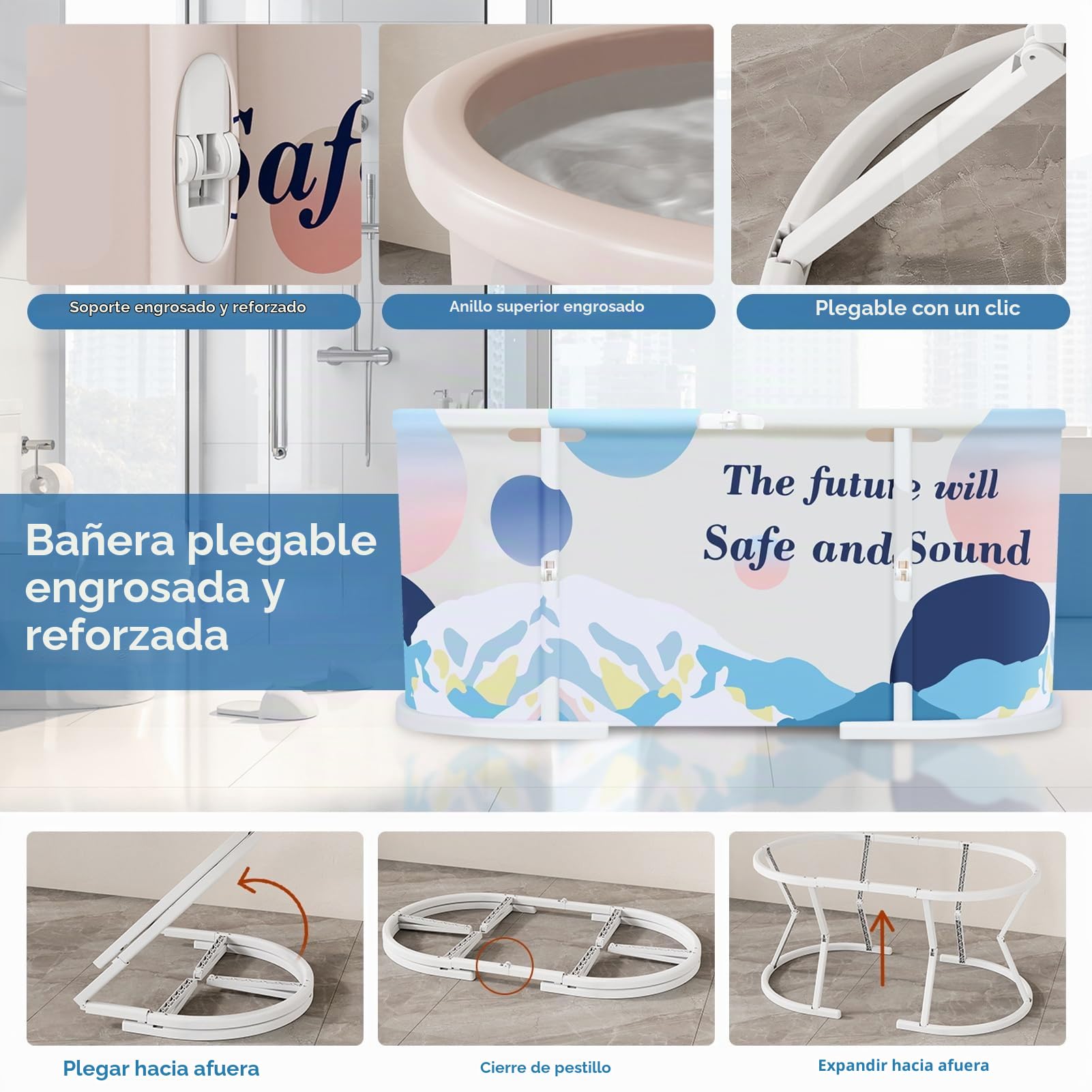 Bañera plegable para adultos de 120 cm, bañera independiente con marco de plástico y doble desagüe, para baño en casa, baño pequeño, ducha, interior exterior (azul claro)