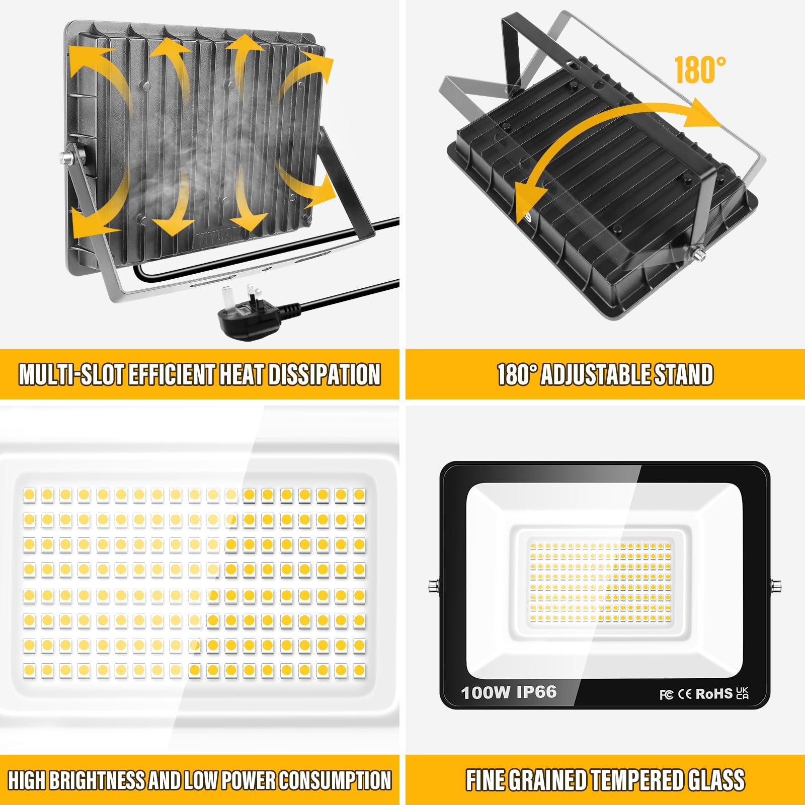 SKYWORLD 100W Hardwired+Plug LED Flood Light, IP66 Waterproof Bright White Security Lighting for Commercial/Residential Outdoor Spaces - Image 3