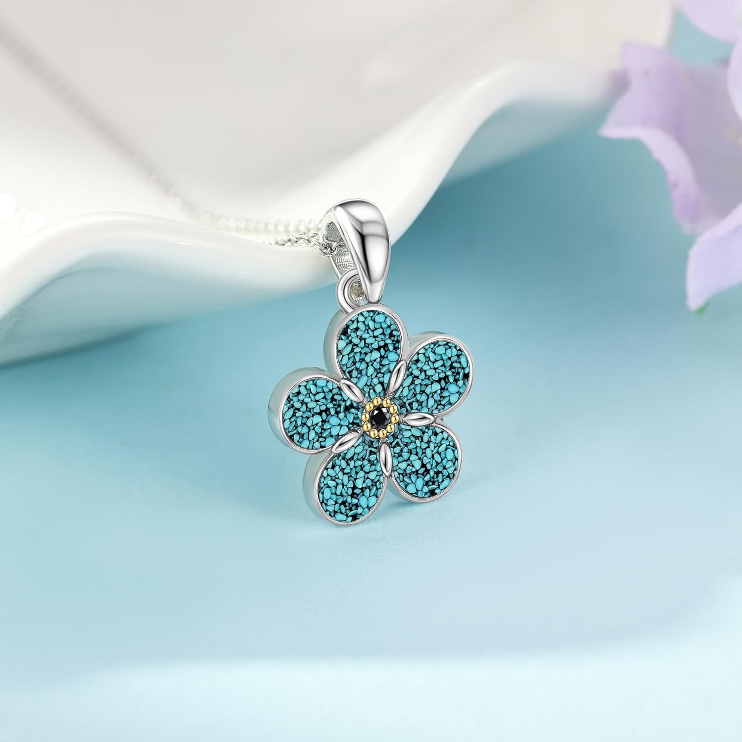 Forget Me Not Necklace Sterling Silver Turquoise Flower Necklace Floral Jewelry Forget Me Not Gifts for Women - Image 5